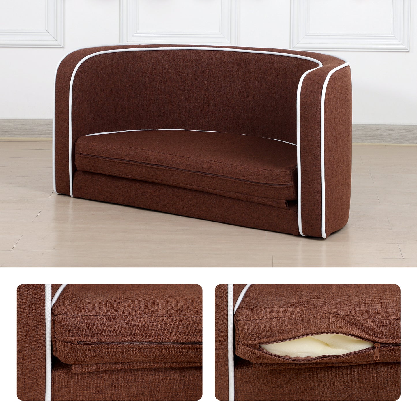 35" Brown Pet Sofa with Wooden Structure, Linen Goods, White Roller Lines, Curved Appearance & Cushion