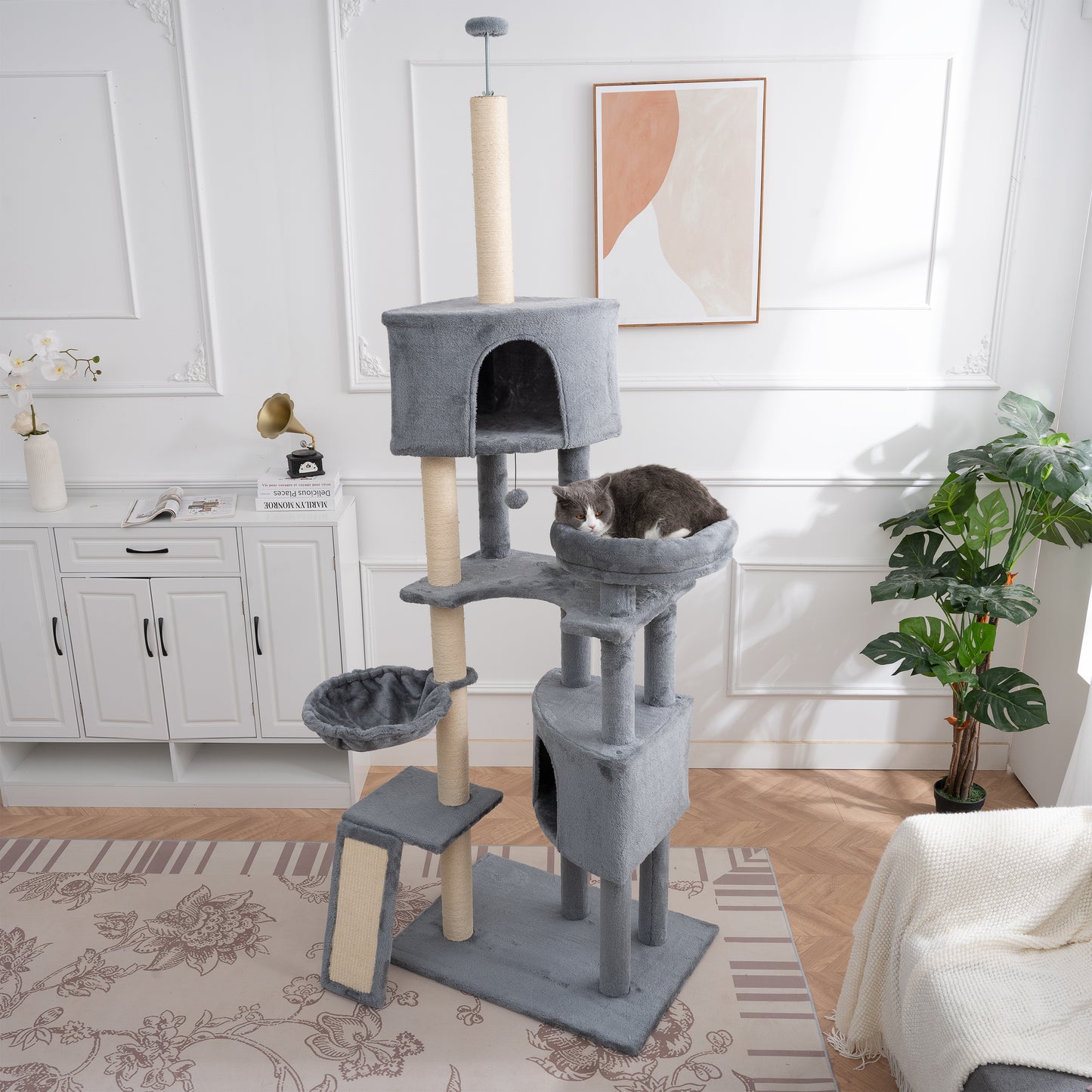 105-Inch Cat Tower for Indoor Cats, Multi-Level Cat Condo with Perches, Caves, Basket, and Scratching Board - Gray Color