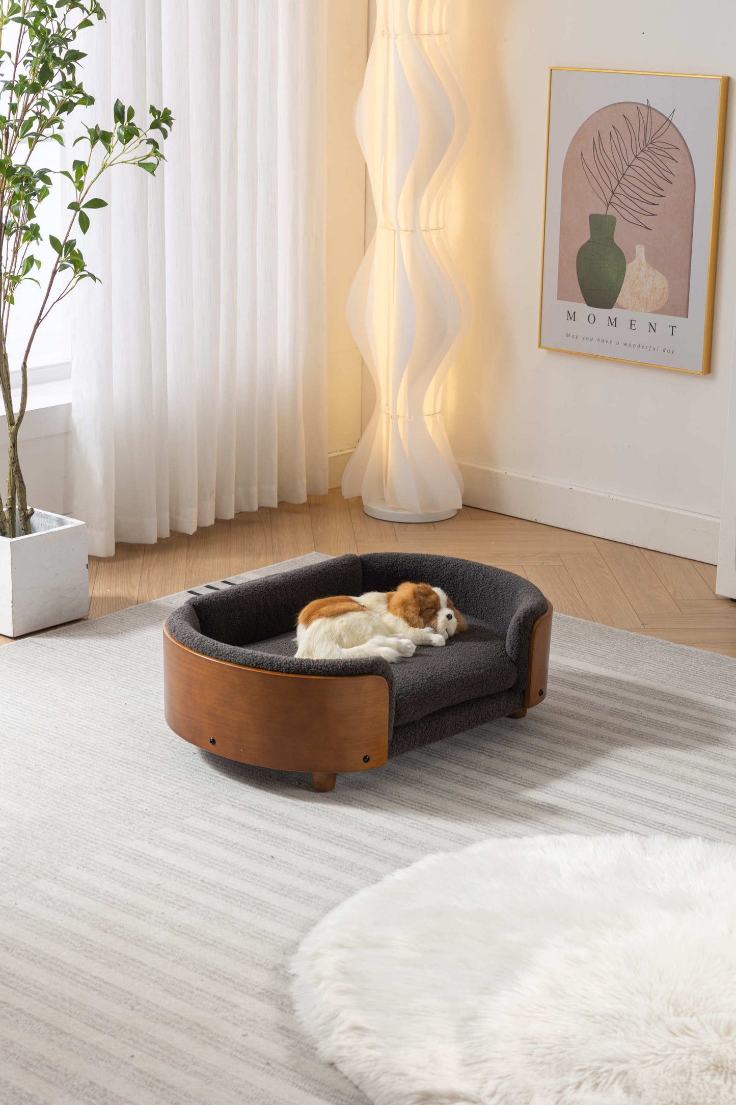 Scandinavian Style Elevated Dog Bed Pet Sofa with Solid Wood Legs, Walnut Bent Wood Back, Cashmere Cushion - Mid Size