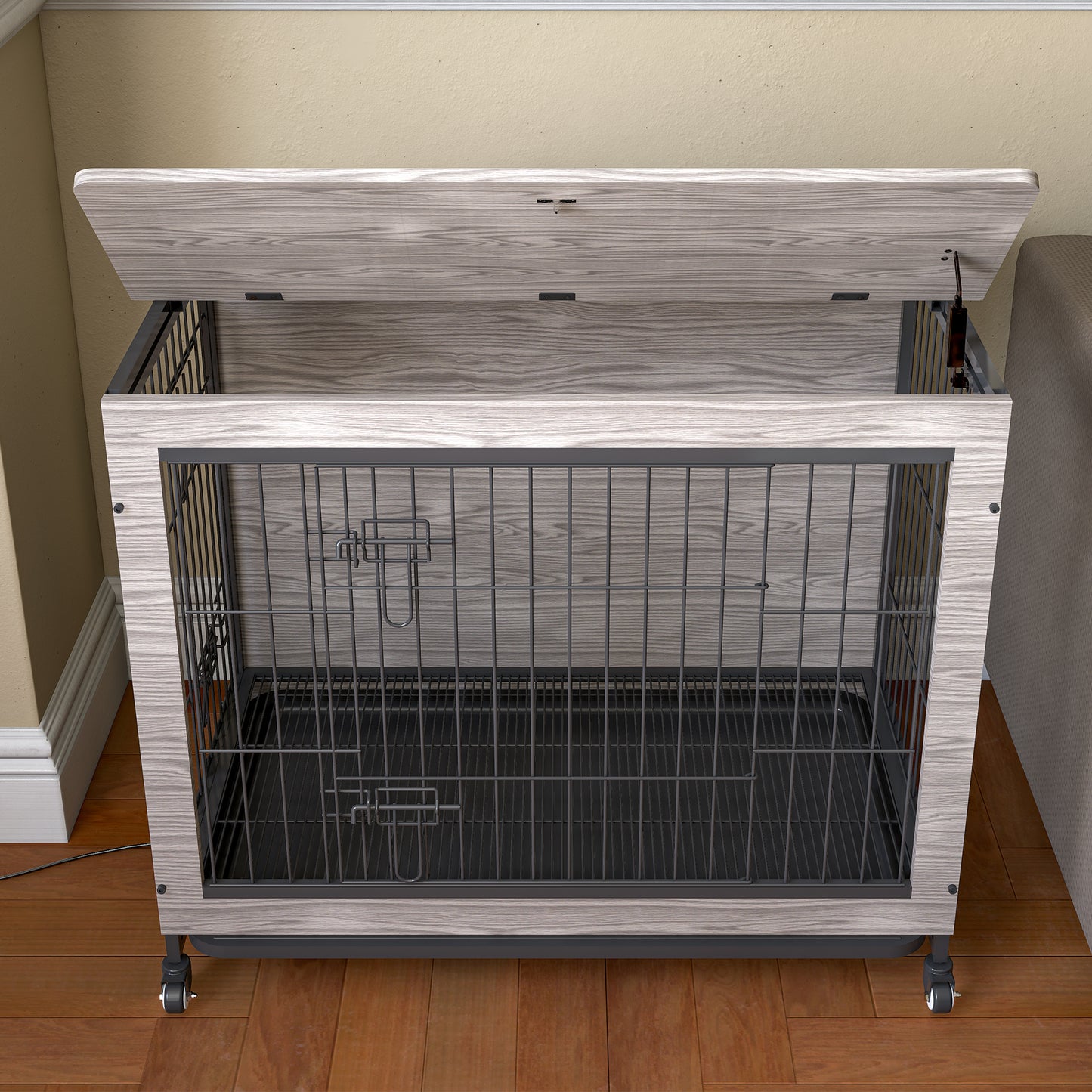 Dog Crate Furniture with Cushion, Wooden Table, Double-Doors, Kennel Indoor for Small Dog, Rustic Brown Grey - 23.6"L X 20"W X 26"H