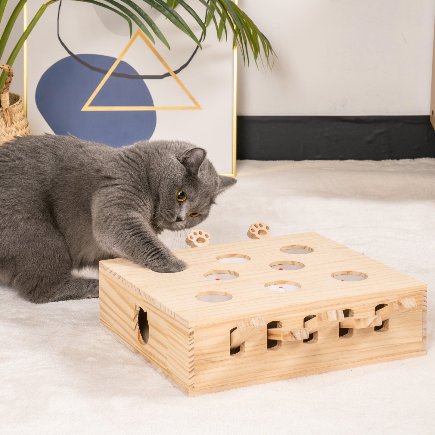 Interactive Whack-a-mole Solid Wood Cat Toy for Endless Fun, Stimulating Exercise, and Mental Stimulation - Suitable for Cats of All Sizes, Natural Wood Color