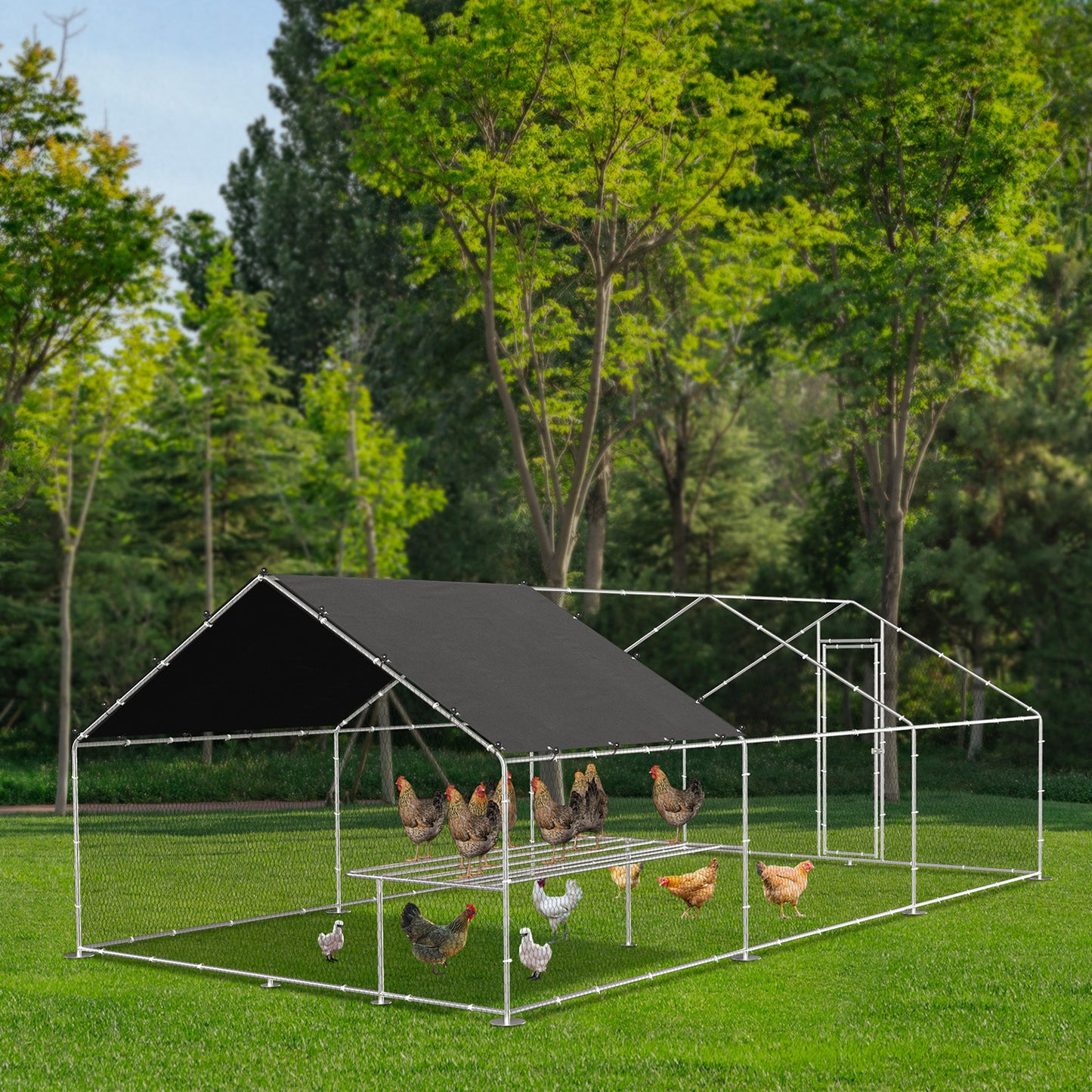 Large Metal Chicken Coop with Walk-In Design, Galvanized Wire, Waterproof Cover - Ideal for Outdoor, Backyard, and Farm Use (9.8' W x 19.7' D x 6.6' H)