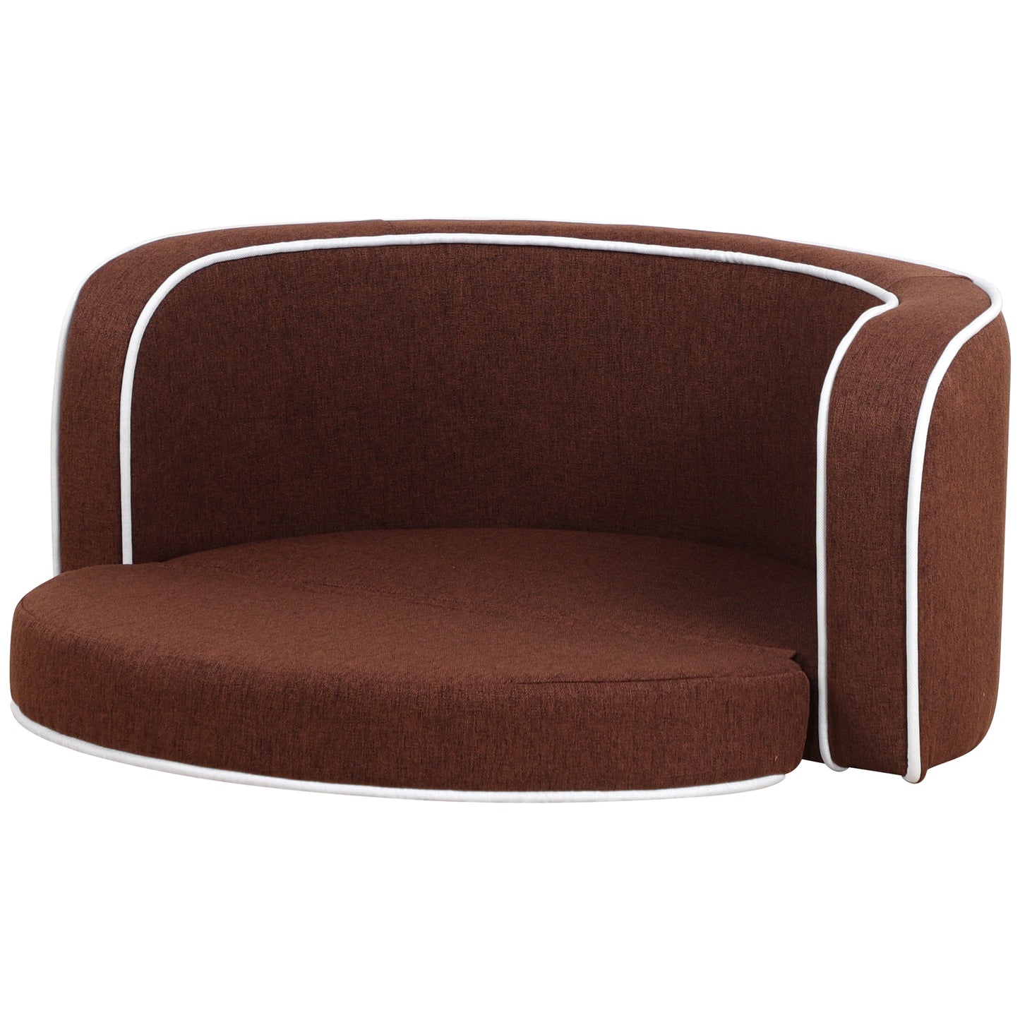 30" Brown Round Pet Sofa - Wooden Structure, Linen Goods, White Roller Lines on Edges - Curved Appearance with Cushion