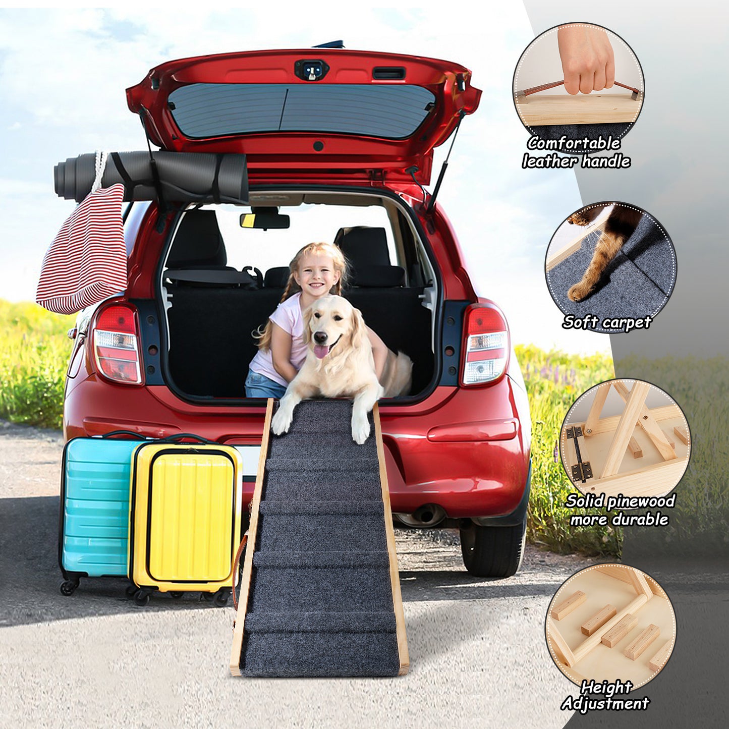 **Dog Ramp - Wooden Folding Portable Pet Ramp, Adjustable 10"-19", Non-Slip Traction Mat, Rated for 30 LBS (Light Grey)**