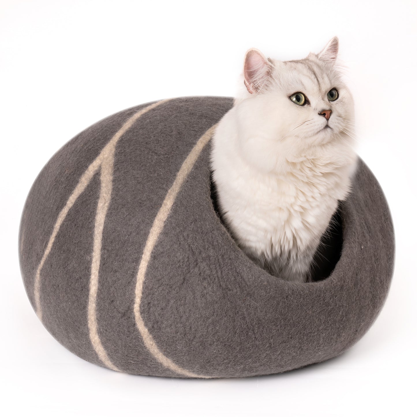 Handmade Wool Cat Cave Bed with Mouse Toy - Cozy, Natural, Large, Grey