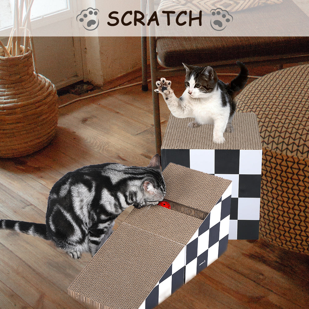 Cat Scratching Board with Ball, Triangle Cardboard, Multiple Angles, 2-in-1 Lounge Bed, Recyclable & Durable, Furniture Protector, Black & White