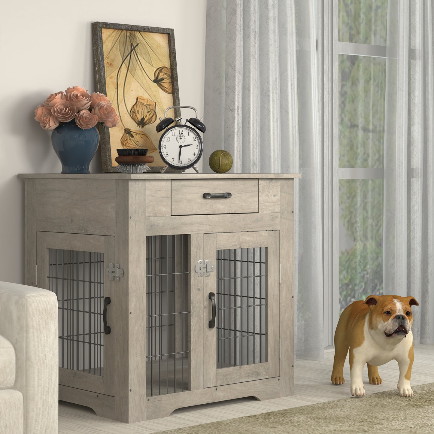 Furniture Style Dog Crate End Table with Drawer, Pet Kennels - Double Doors, Indoor Dog House - Grey, 29.9'' W x 24.8'' D x 30.71'' H