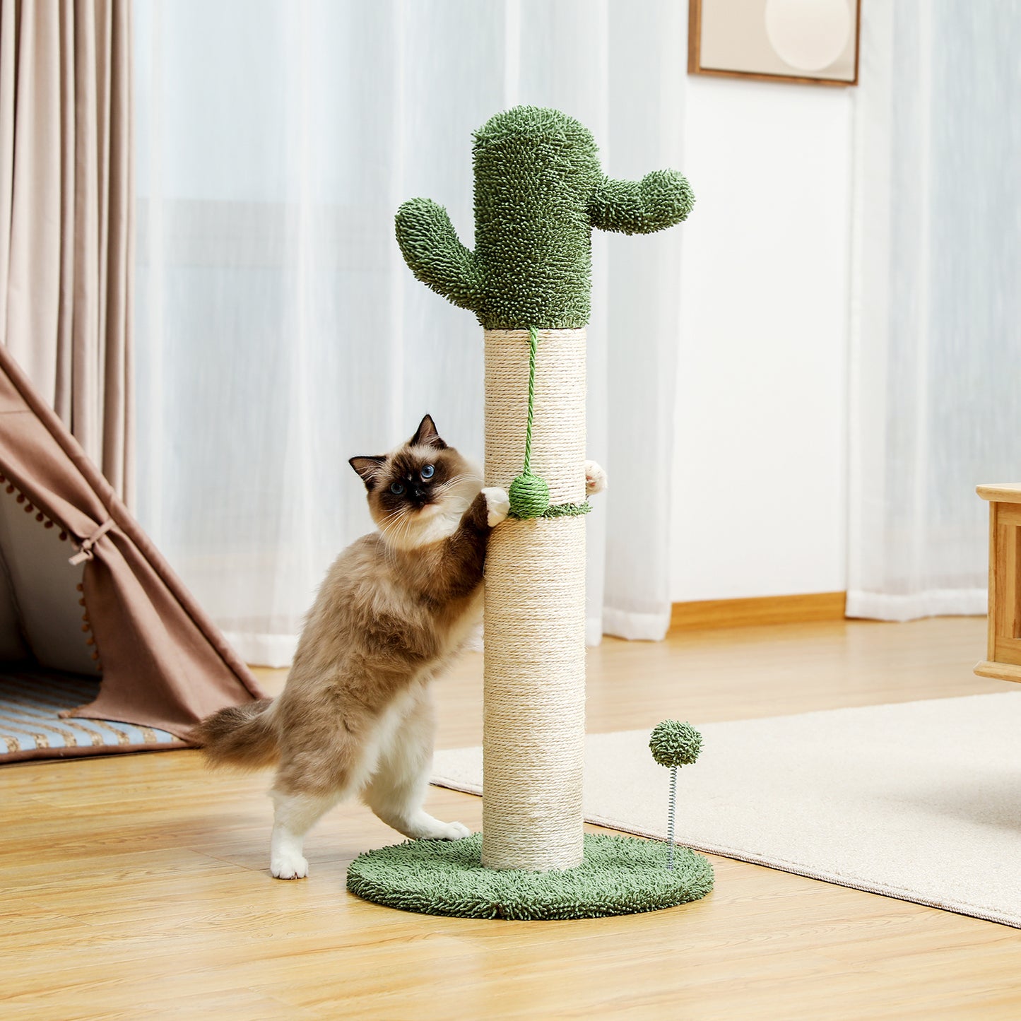 Large Cactus Cat Scratching Post with Natural Sisal Ropes, White - Ideal Cat Scratcher for Cats and Kittens, Sturdy and Durable Design