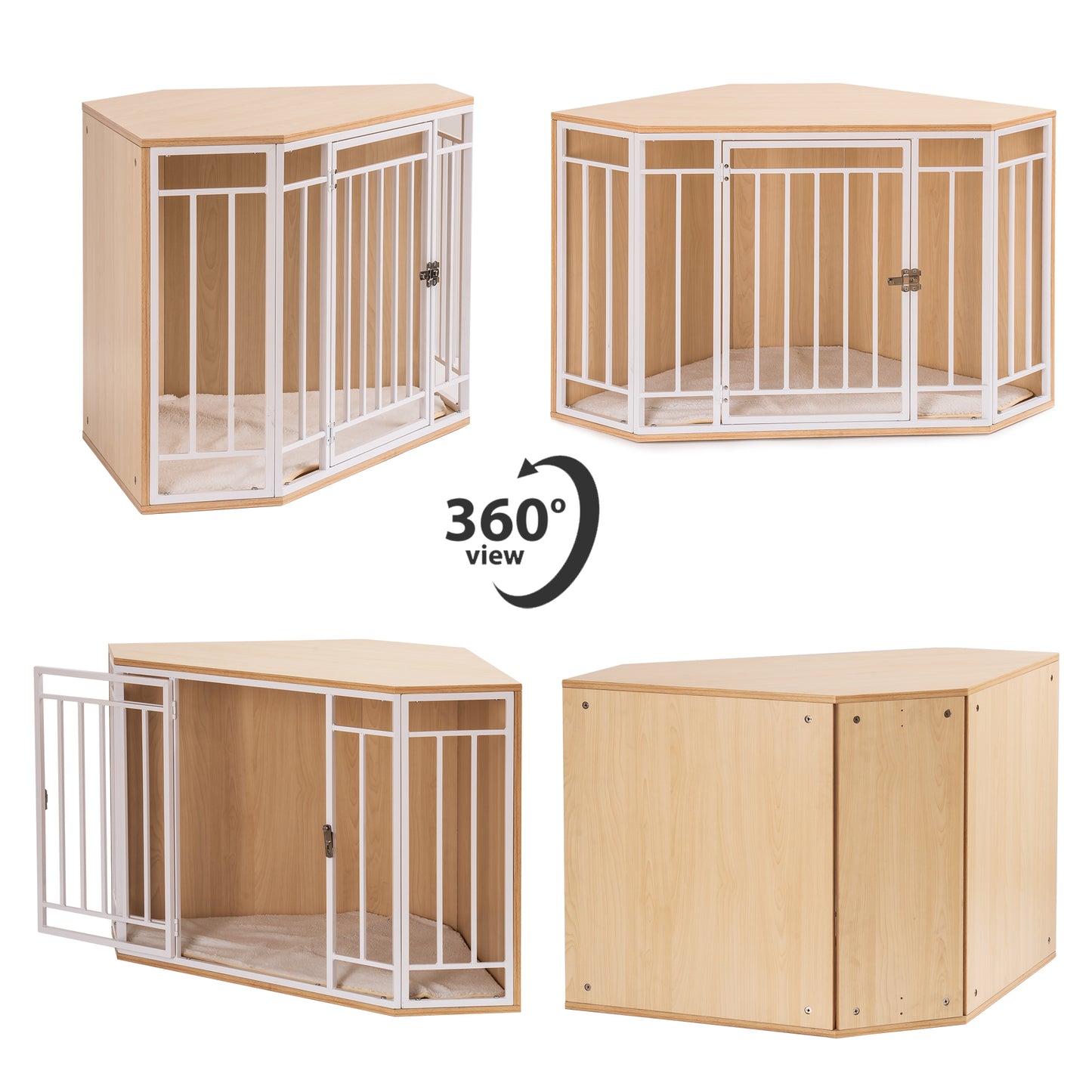 Corner Dog Crate with Cushion, Wood and Mesh Dog Kennel: Indoor Pet Crate for Comfortable and Secure Resting Space