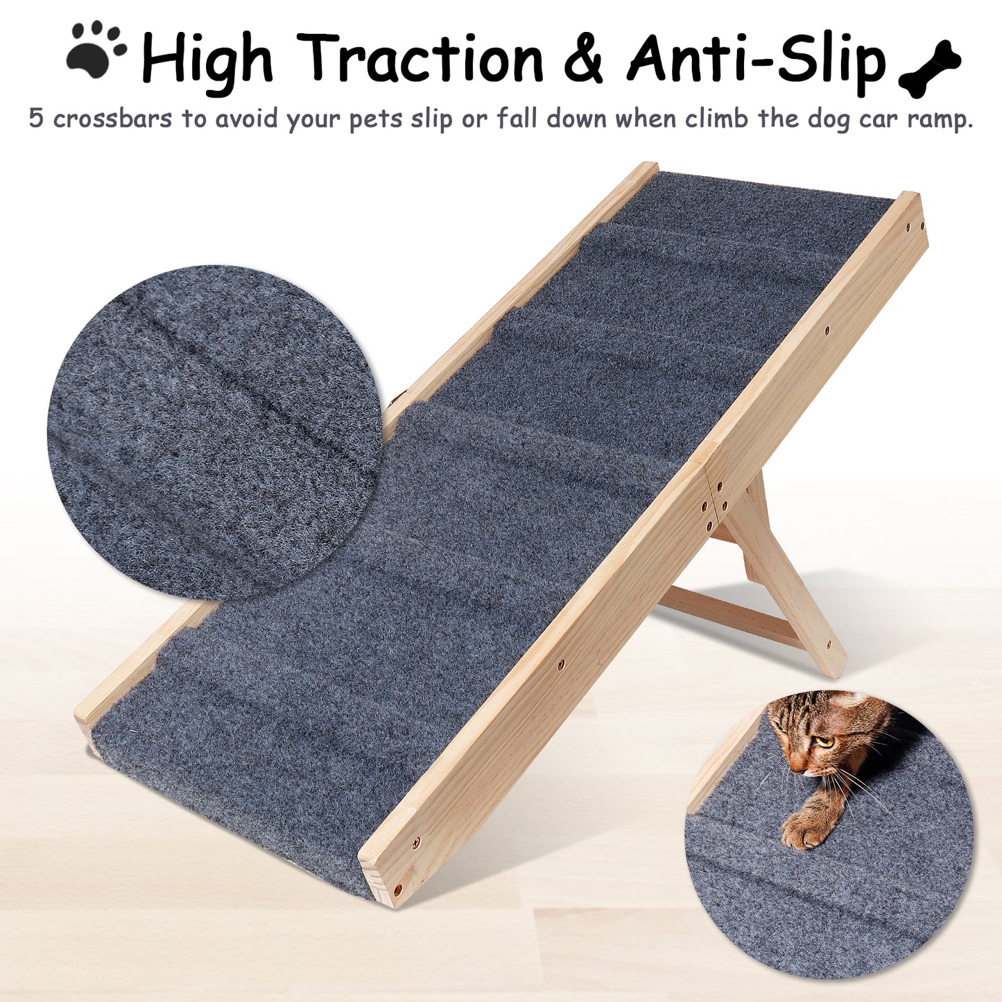 **Dog Ramp - Wooden Folding Portable Pet Ramp, Adjustable 10"-19", Non-Slip Traction Mat, Rated for 30 LBS (Light Grey)**