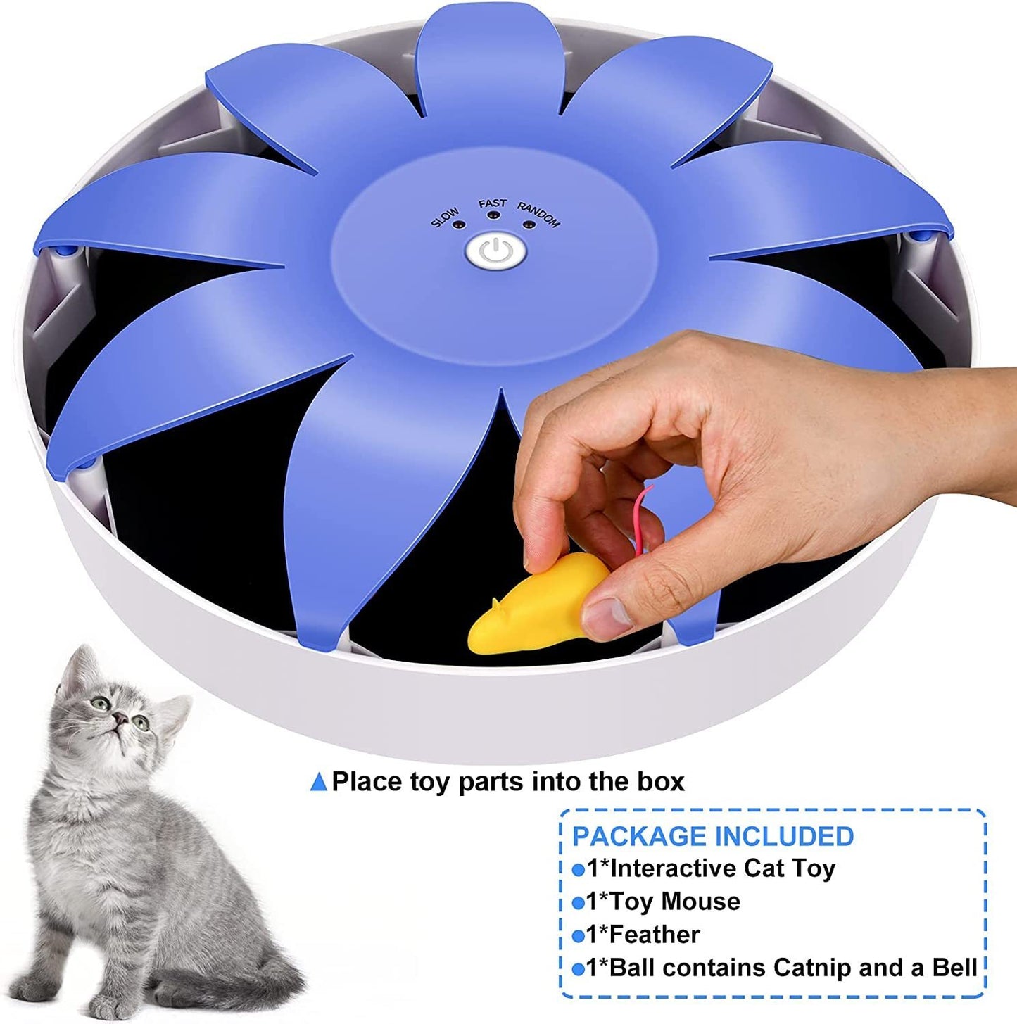 FluffyDream Electric Magnetic Spinning Cat Toy, Interactive Exercise Teaser with Emulational Mouse, Fluffy Tails, for Indoor Cats, Pets - 9.65” x 9.65” x 2.36”