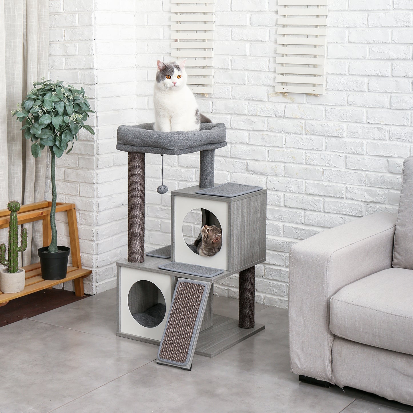 Cat Tree Luxury 34" Cat Tower with Double Condos, Spacious Perch, Scratching Posts & Dangling Balls - Gray