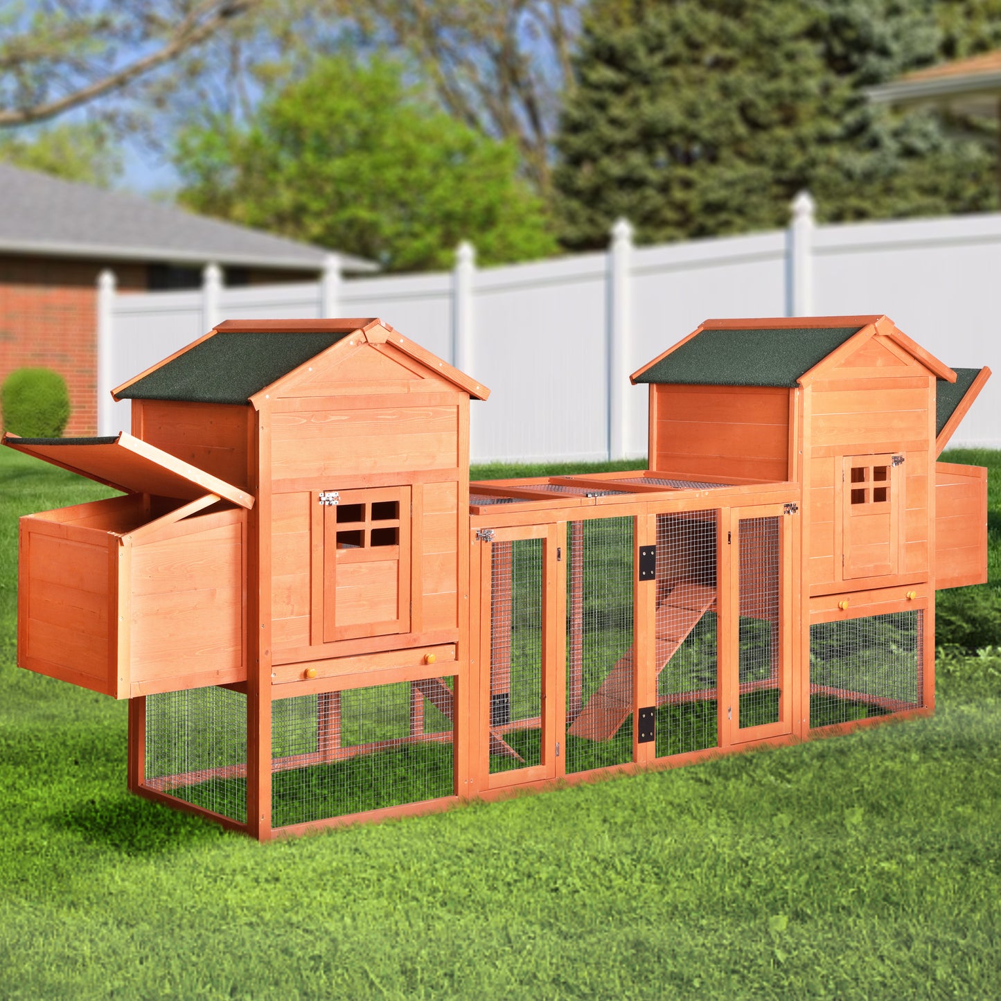 Outdoor Wooden Chicken Coop, 124" Large Hen Cage Rabbit House with Ventilation Door, Removable Ramp & Chicken Nesting Box - Ideal Bunny Hutch for Garden Backyard Pet House (Color: Natural Wood, Size: 124")