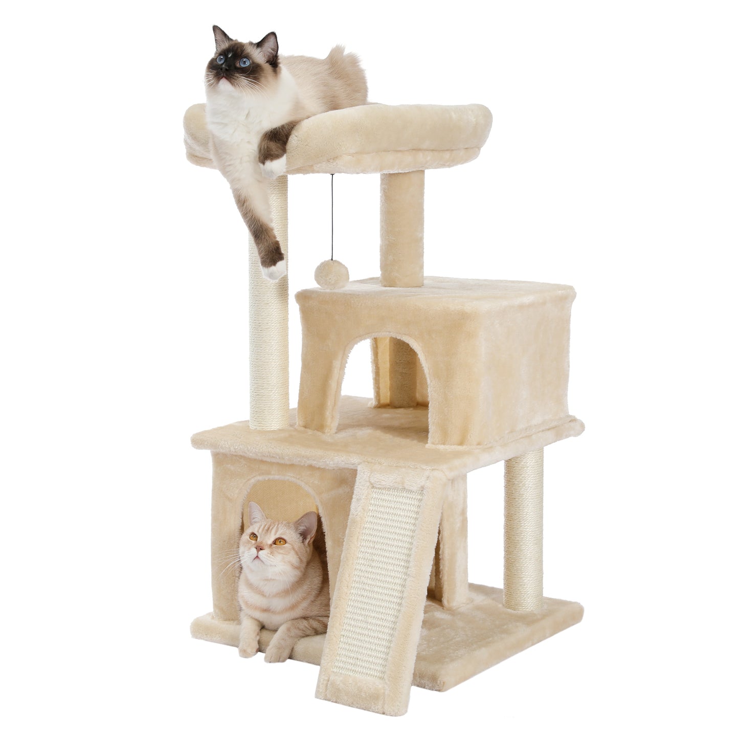 Cat Tree Luxury 34" Cat Tower with Double Condos, Spacious Perch, Scratching Sisal Posts, Dangling Balls - Beige