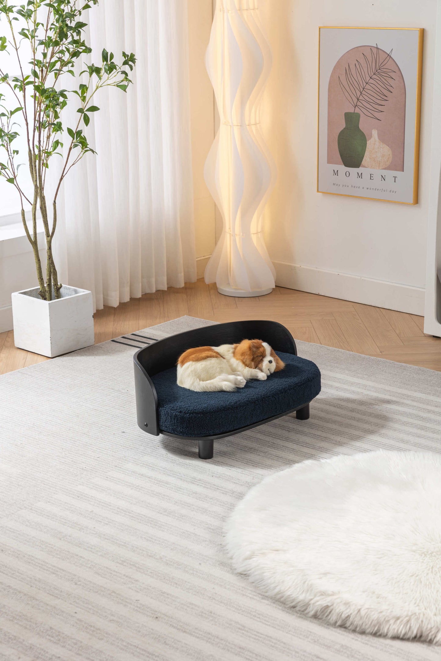 Scandinavian Style Elevated Dog Bed Pet Sofa with Solid Wood Legs and Bent Wood Back, Velvet Cushion, Black