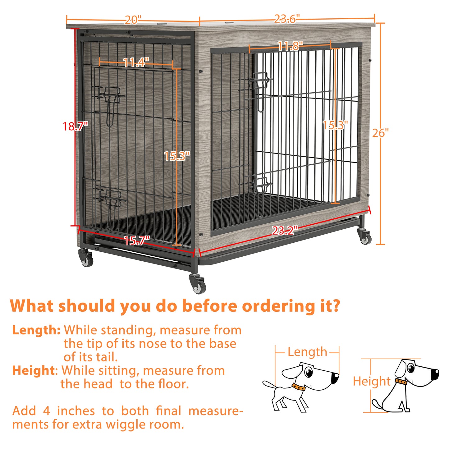 Dog Crate Furniture with Cushion, Wooden Table, Double-Doors, Kennel Indoor for Small Dog, Rustic Brown Grey - 23.6"L X 20"W X 26"H