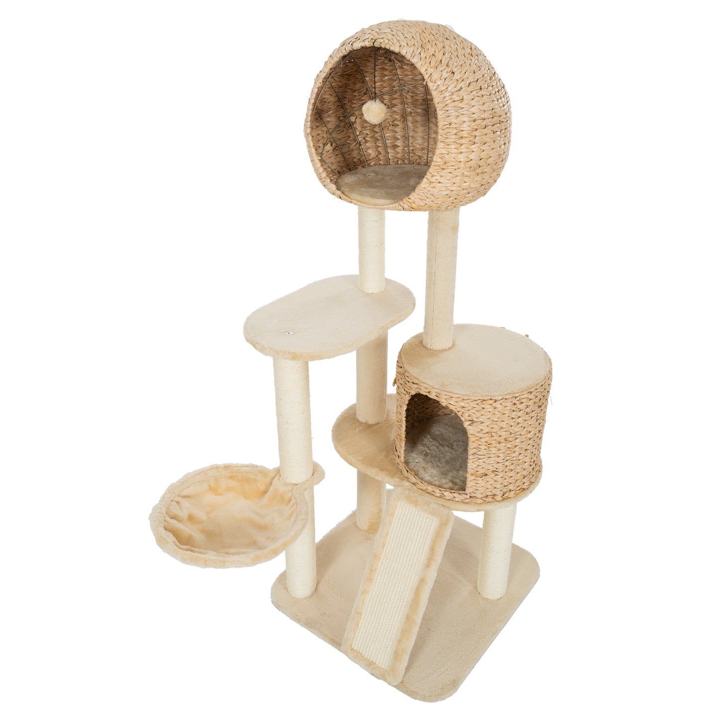 59-Inch Cat Tower for Indoor Cats, Plush Multi-Level Cat Condo with 2 Perches, 2 Caves, Cozy Basket and Scratching Board, Beige