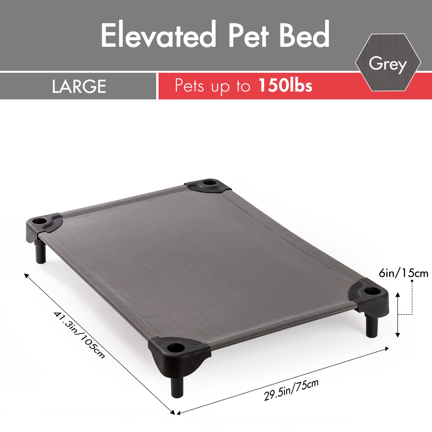 Outdoor Elevated Dog Bed Raised Dog Cots Beds for Large Dogs, Indoor & Outdoor Pet Hammock Bed with Frame and Breathable Mesh (Large, Grey)