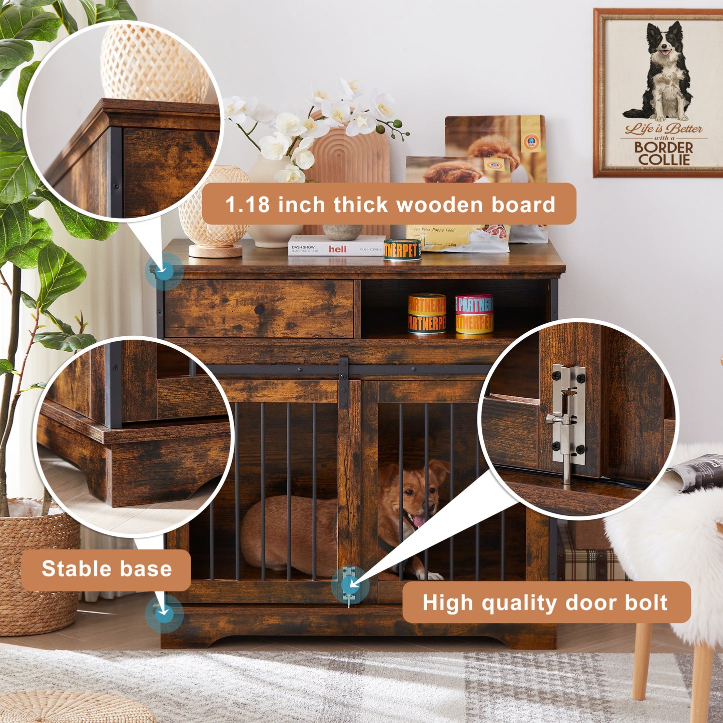 Sliding Door Dog Crate with Drawers - Rustic Brown, 35.43'' W x 23.62'' D x 33.46'' H: Stylish and Functional Pet Enclosure with Convenient Storage Space