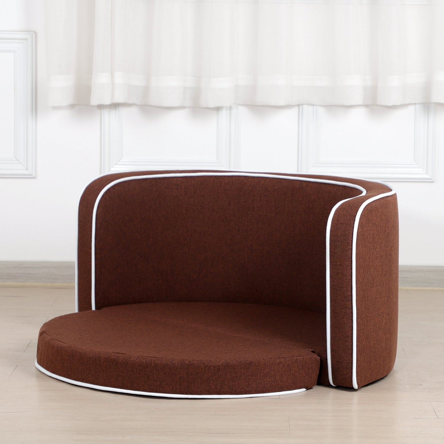 35" Brown Pet Sofa with Wooden Structure, Linen Goods, White Roller Lines, Curved Appearance & Cushion