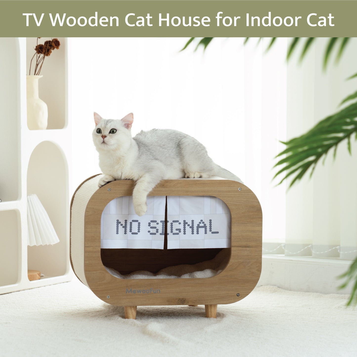 Classic Wooden TV-Shaped Cat Bed, Cat House with Cushion, White - Cozy and Stylish Furniture for Your Feline Companion