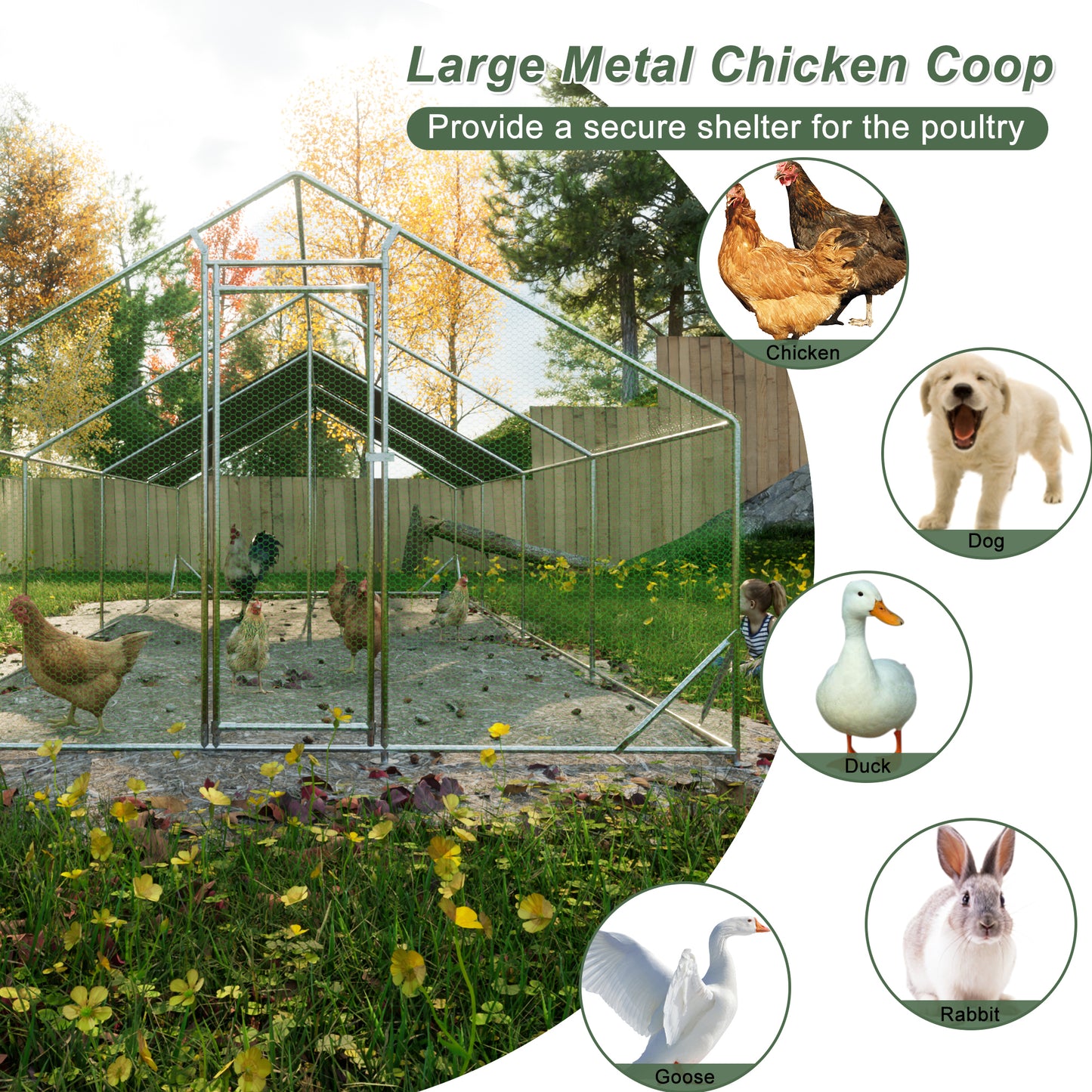 Large Metal Chicken Coop: Walk-in Chicken Run, Galvanized Wire Poultry Hen Pen Cage with Waterproof Cover for Outdoor Use (10' x 26' x 6.56')