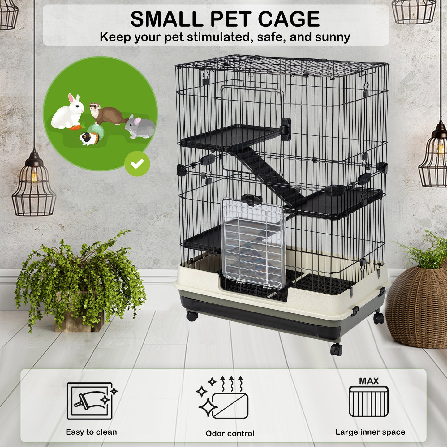 4-Tier 32" Small Animal Cage, Height Adjustable with Lockable Casters, Grilles & Pull-out Tray for Rabbit, Chinchilla, Ferret, Bunny, Guinea Pig, Squirrel, Hedgehog - Black