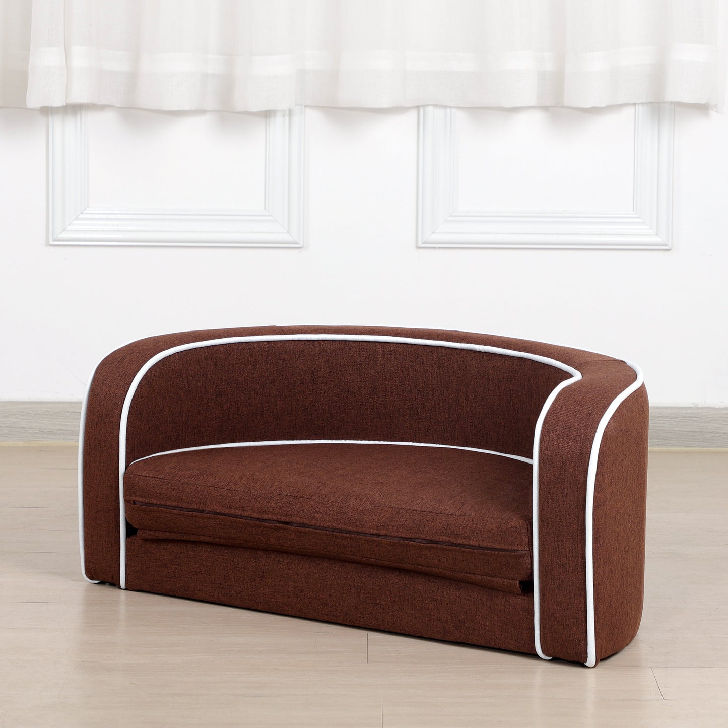 30" Brown Round Pet Sofa - Wooden Structure, Linen Goods, White Roller Lines on Edges - Curved Appearance with Cushion