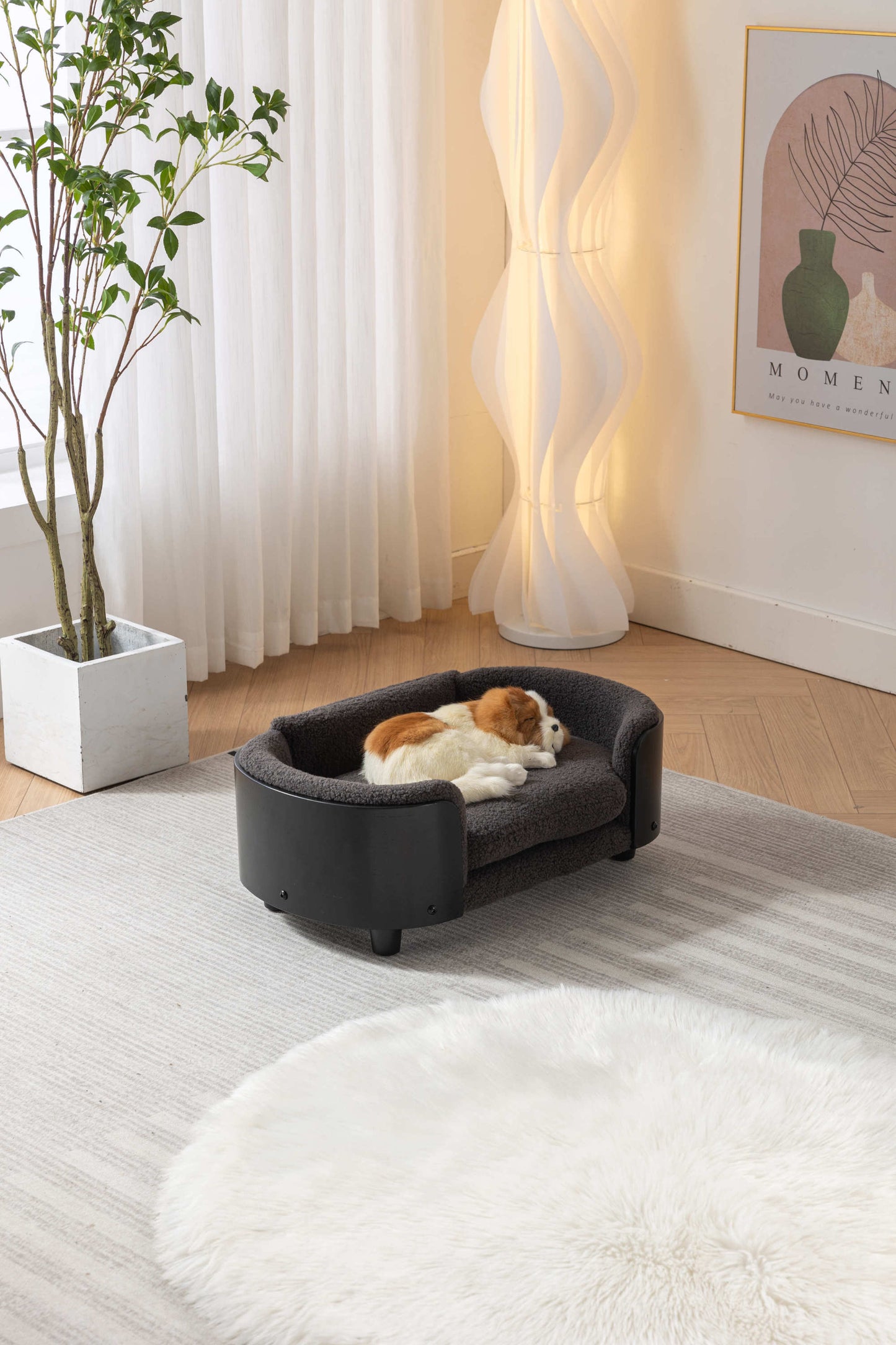 Scandinavian Style Elevated Dog Bed Pet Sofa with Solid Wood Legs, Black Bent Wood Back, Cashmere Cushion - Small Size