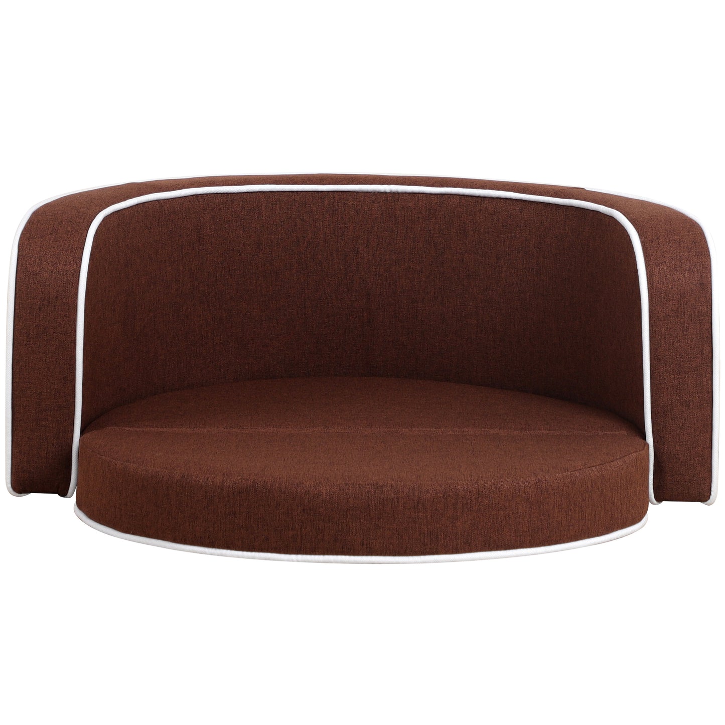 30" Brown Round Pet Sofa - Wooden Structure, Linen Goods, White Roller Lines on Edges - Curved Appearance with Cushion