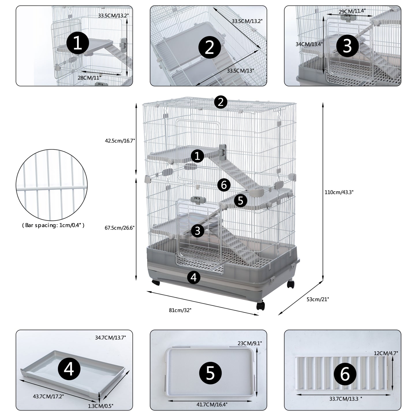 4-Tier 32" Small Animal Metal Cage | Height Adjustable, Lockable Top-Openings | Removable for Rabbit Chinchilla Ferret Bunny Guinea Pig | Suitable for Hamsters | Grey