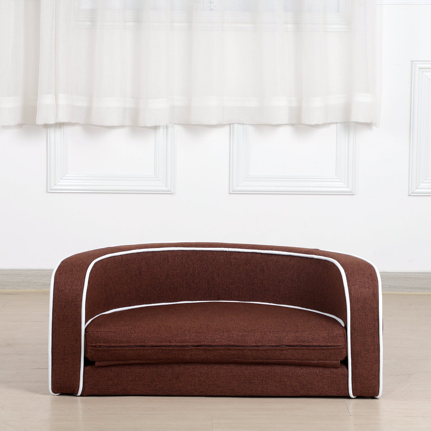 30" Brown Round Pet Sofa - Wooden Structure, Linen Goods, White Roller Lines on Edges - Curved Appearance with Cushion