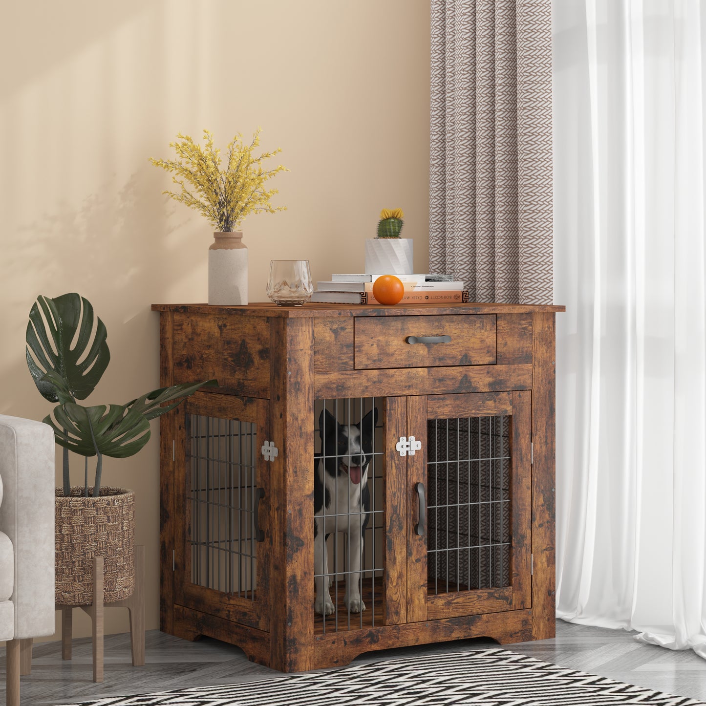 Furniture Style Dog Crate End Table with Drawer, Double Door Pet Kennels for Indoor Use - Rustic Brown, 29.92'' W x 24.8'' D x 30.71'' H