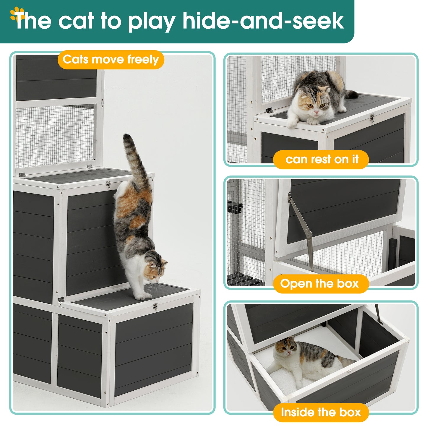 3-Tier Wooden Outdoor & Indoor Cat House | Suitable for 1-3 Cats | Cat Enclosure Resting Box with 4 Platforms and 2 Doors | Cat Shelter Kitty House with Jump Box | Hiding, Resting, and Playing | Cat Cage 71"H - Gray