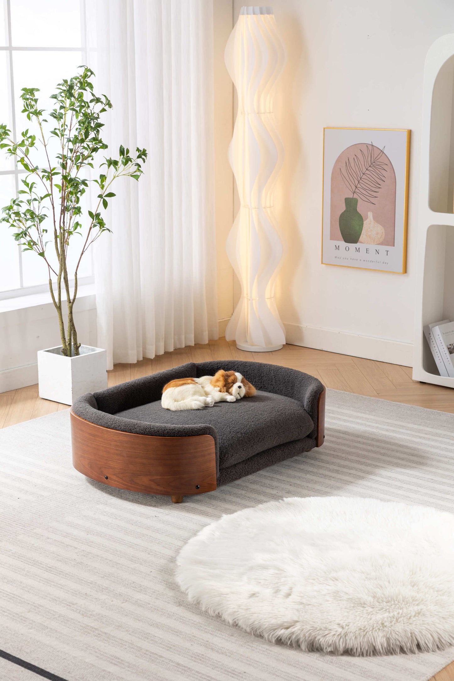 Scandinavian Style Elevated Dog Bed with Solid Wood Legs, Walnut Bent Wood Back, Cashmere Cushion - Large Size