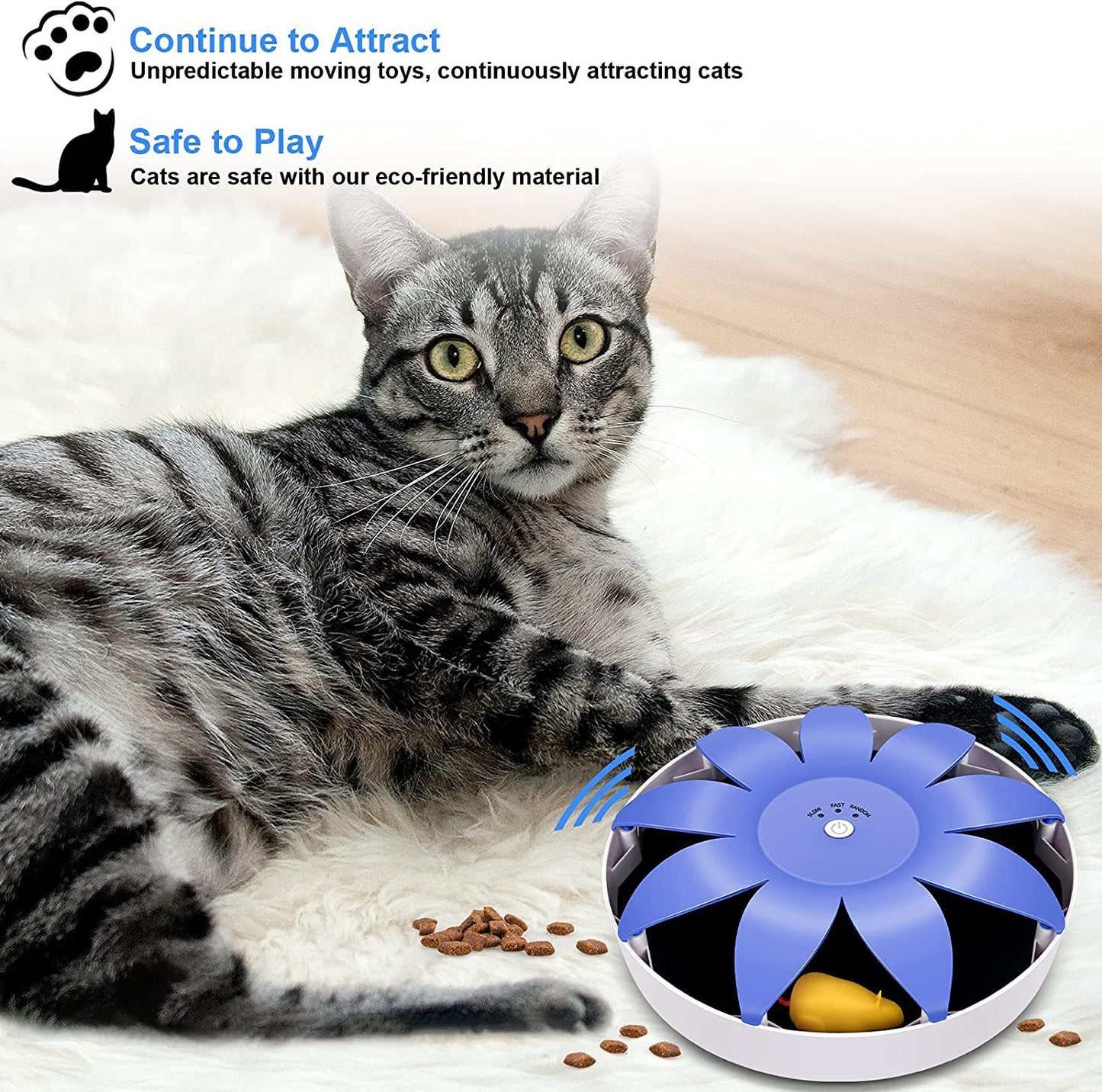 FluffyDream Electric Magnetic Spinning Cat Toy, Interactive Exercise Teaser with Emulational Mouse, Fluffy Tails, for Indoor Cats, Pets - 9.65” x 9.65” x 2.36”