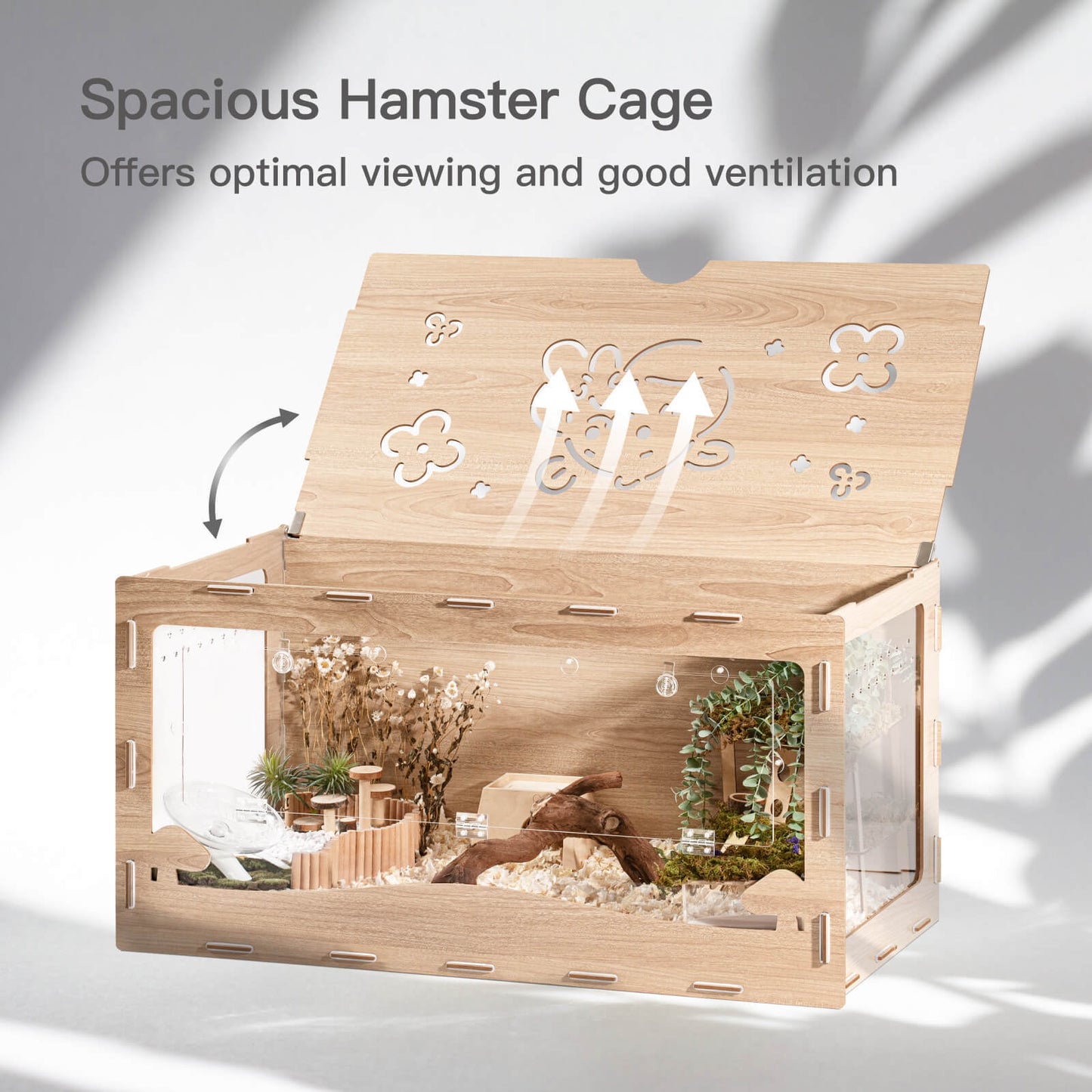 Large Wooden Hamster Cage for Syrian Hamster, Degus, Mice | Spacious & Durable Habitat | Ideal for Similar-Sized Pets | Multiple Levels, Hideouts, & Exercise Wheels | Natural Wood Color | 220L