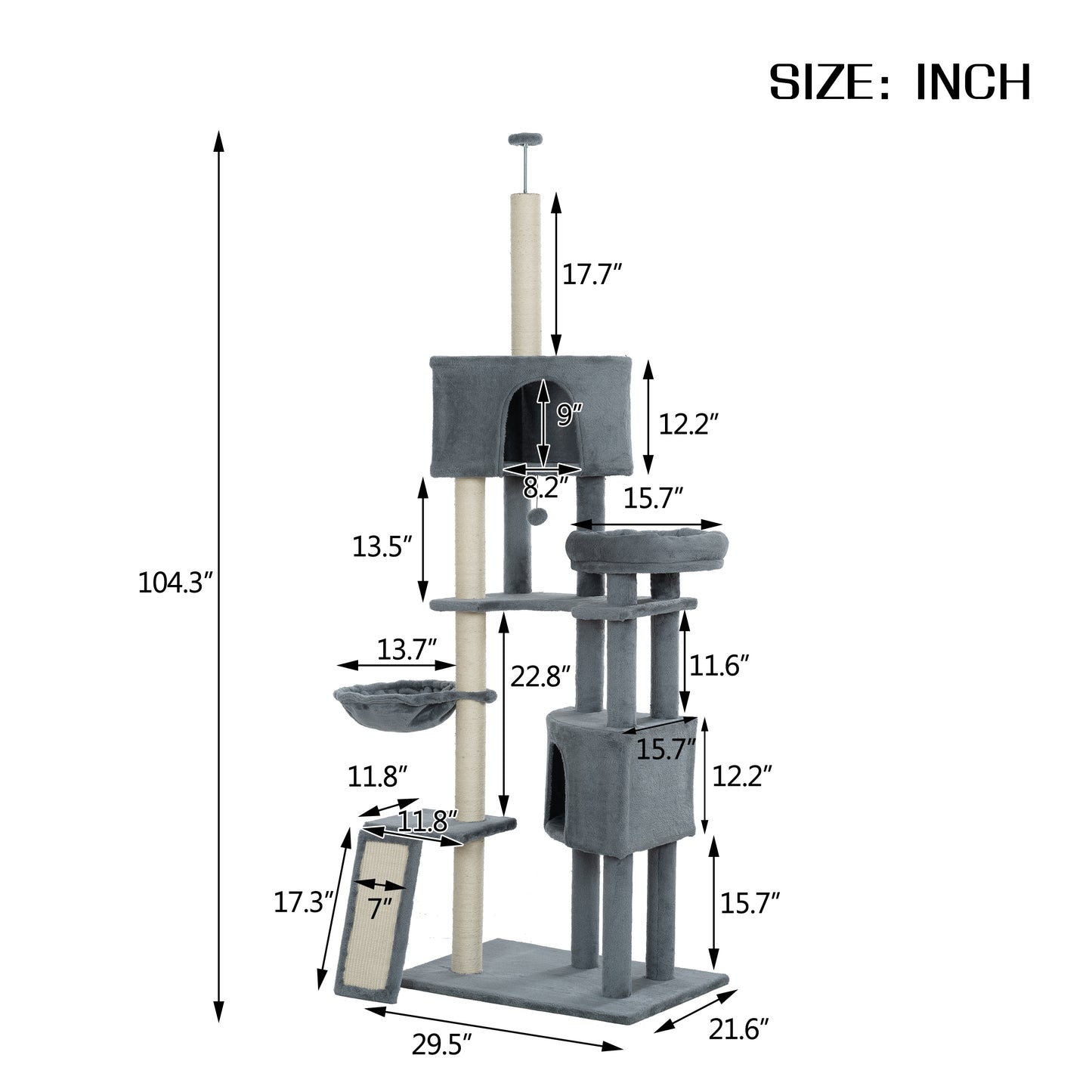 105-Inch Cat Tower for Indoor Cats, Multi-Level Cat Condo with Perches, Caves, Basket, and Scratching Board - Gray Color