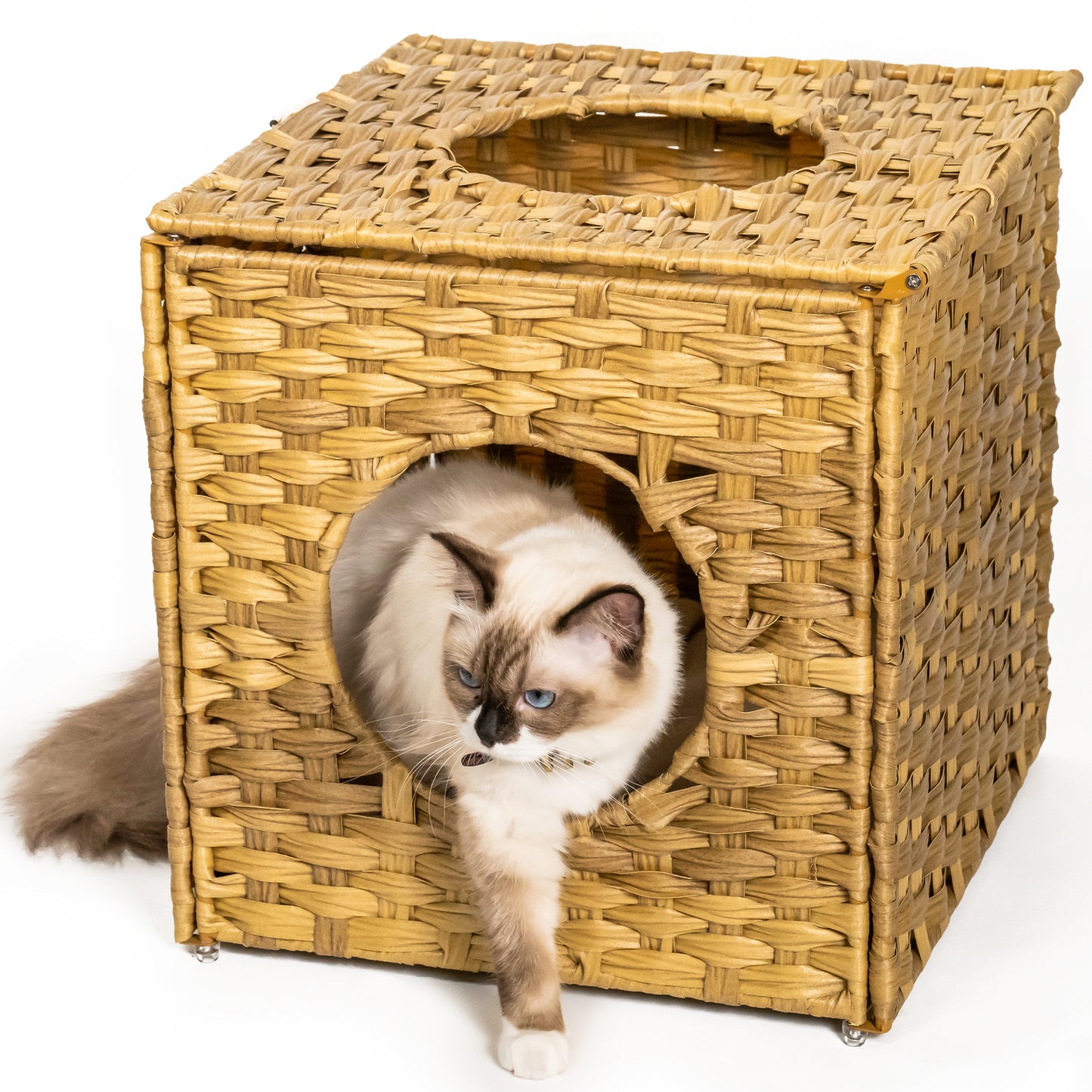 Rattan Cat Litter, Cat Bed with Rattan Ball & Cushion - Yellowish Brown, Cozy & Stylish Sleeping Space for Cats