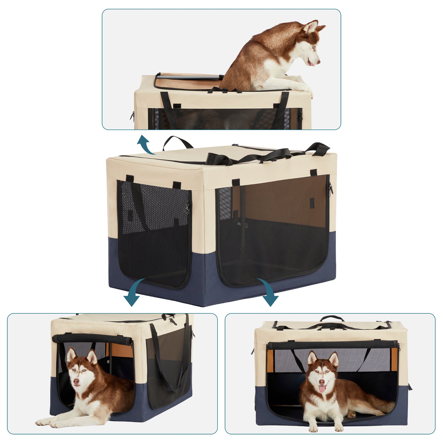 Adjustable Fabric Cover Dog Crates for Dogs with 3 Doors, Spiral Iron Pipe for Strength, Sewing, and Travel Convenience - Various Sizes and Colors