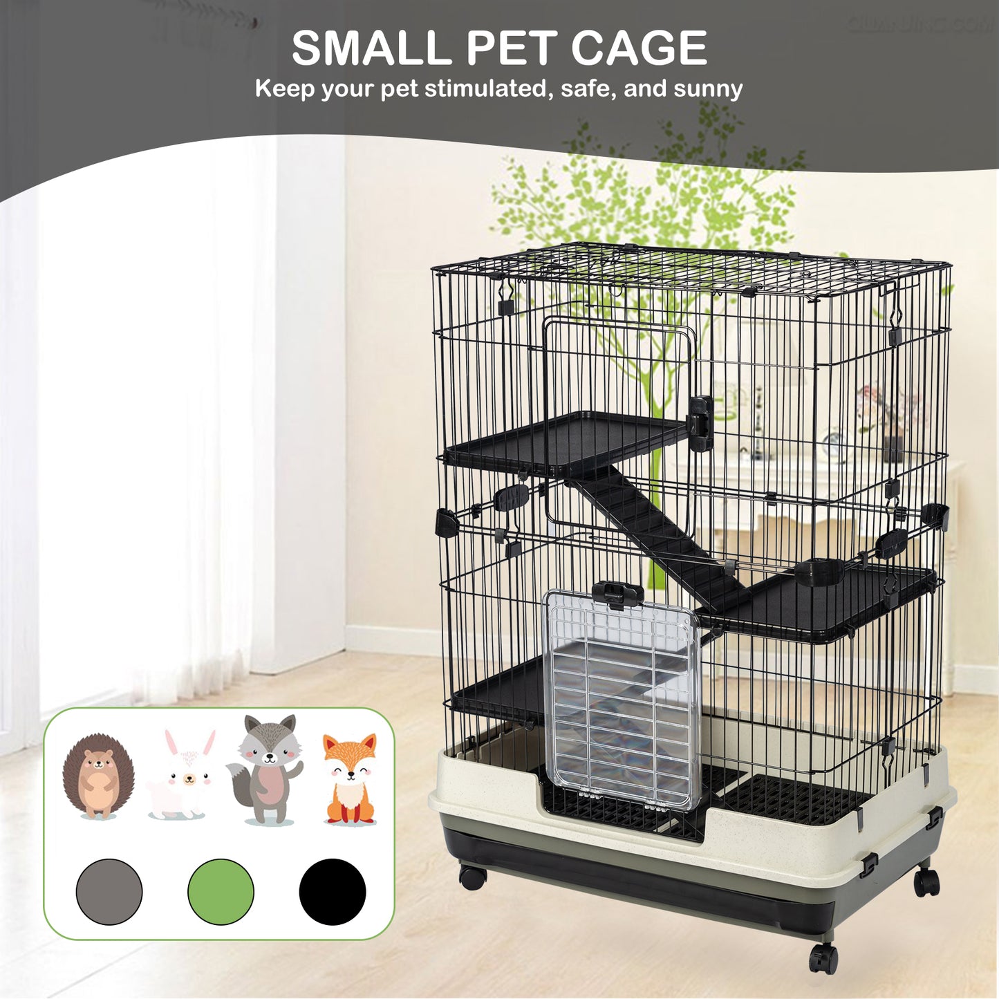 4-Tier 32" Small Animal Cage, Height Adjustable with Lockable Casters, Grilles & Pull-out Tray for Rabbit, Chinchilla, Ferret, Bunny, Guinea Pig, Squirrel, Hedgehog - Black