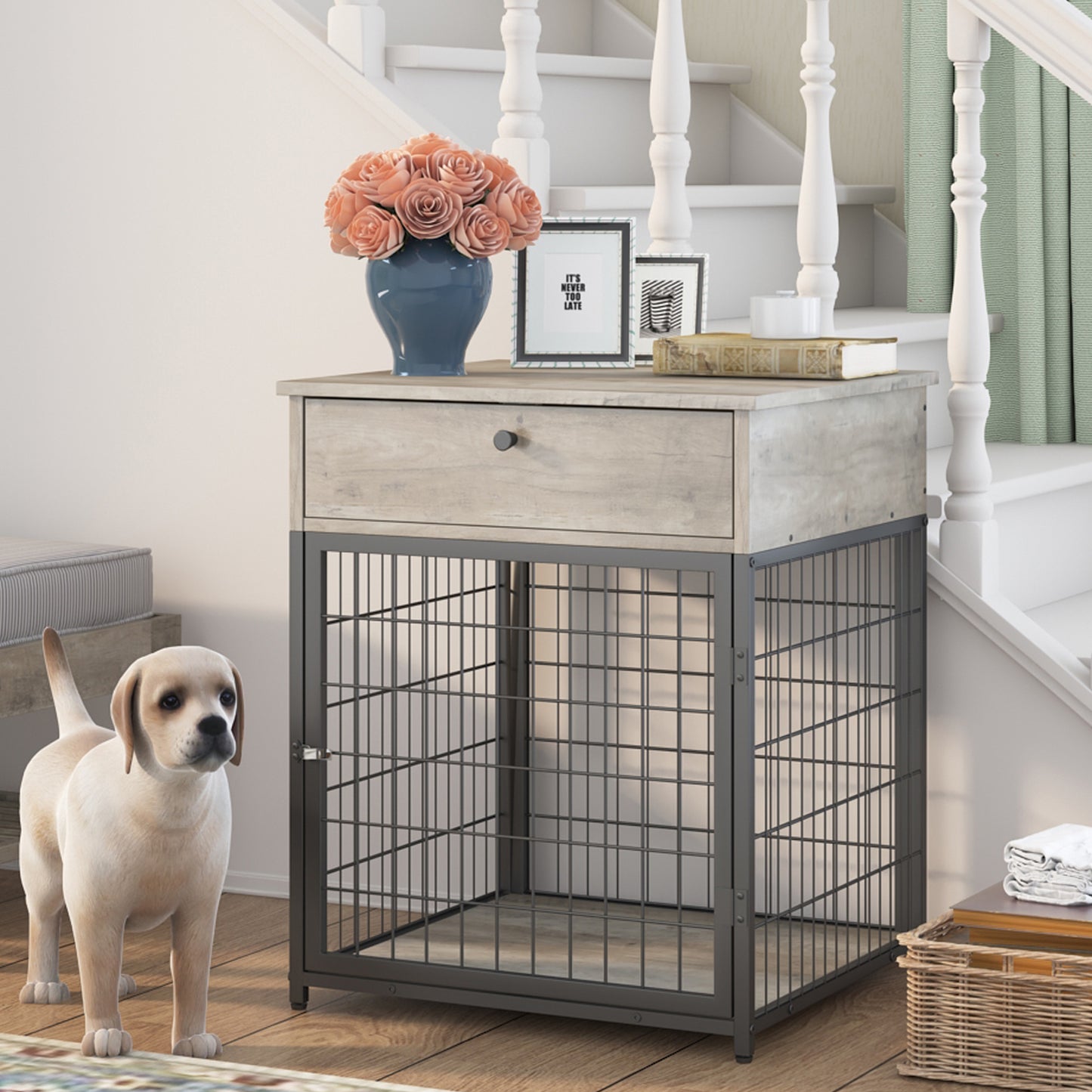 Furniture Style Wood Dog Crate End Table with Storage Console - Grey, 19.69'' W x 22.83'' D x 26.97'' H: Stylish and Functional Pet Crate with Ample Storage Space