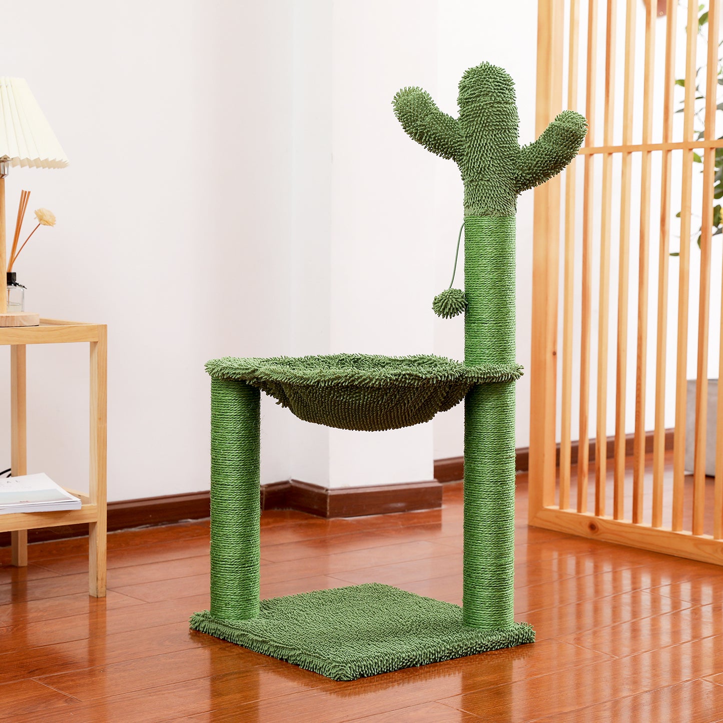 Cactus Cat Tree Cat Scratching Post with Hammock Play Tower, Full Wrapped Sisal Scratching Post for Cats - 93.5cm Green