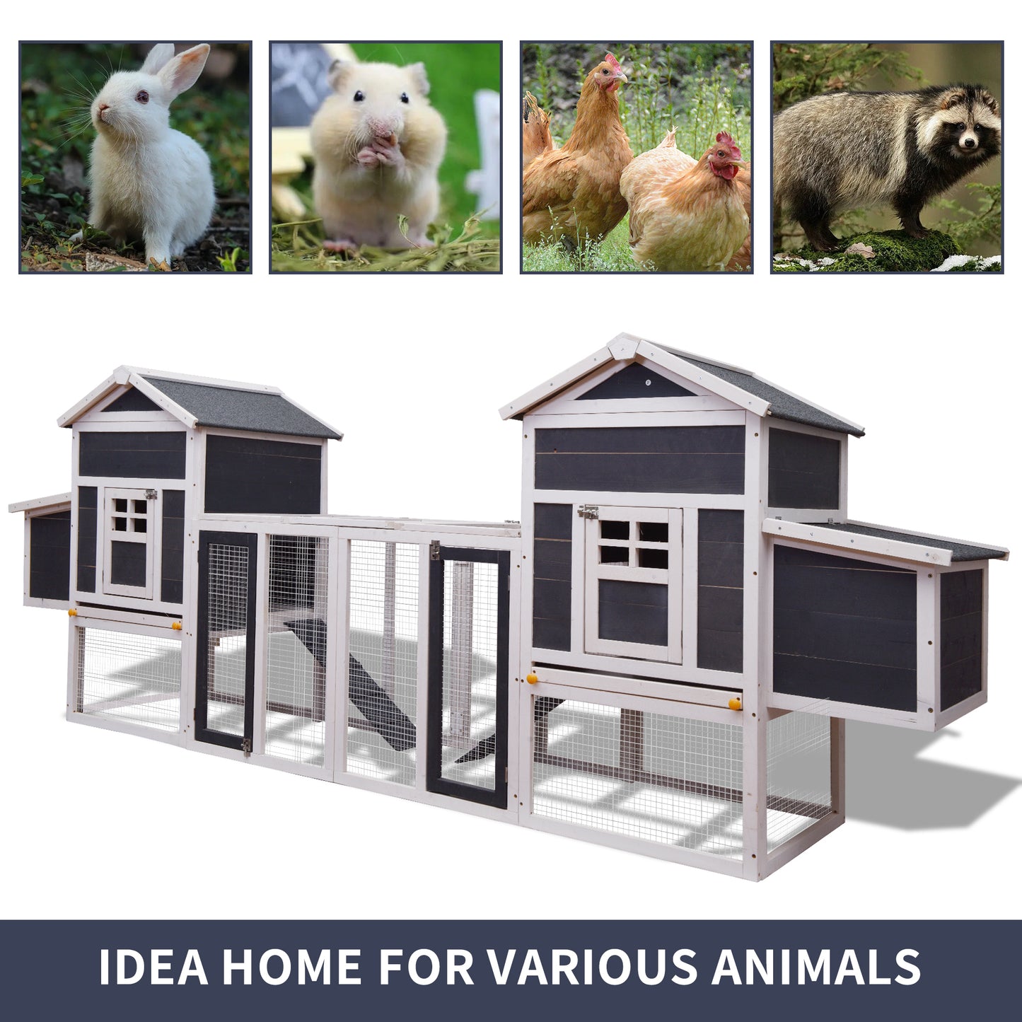 Outdoor Wooden Chicken Coop, 124" Large Hen Cage Rabbit House, Bunny Hutch with Ventilation Door, Removable Ramp, Chicken Nesting Box - Gray+White