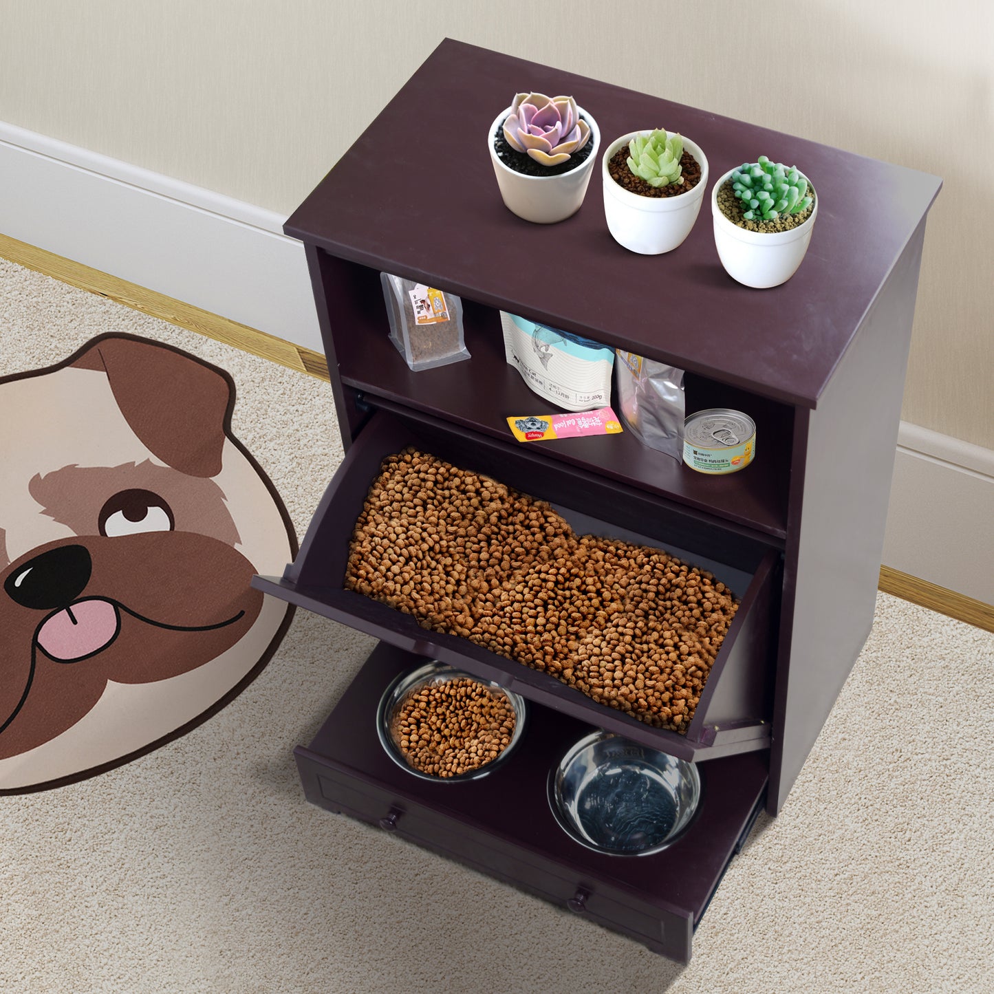 Pet Feeder Station with Storage, MDF & Waterproof Painted, Dog & Cat Feeder Cabinet, Stainless Bowl