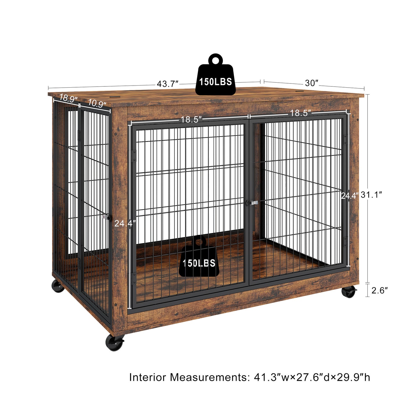 Furniture Style Dog Crate Side Table on Wheels with Double Doors and Lift Top - Rustic Brown, 43.7'' W x 30'' D x 31.1'' H: The Ultimate Combination of Functionality and Style for Your Canine Companion