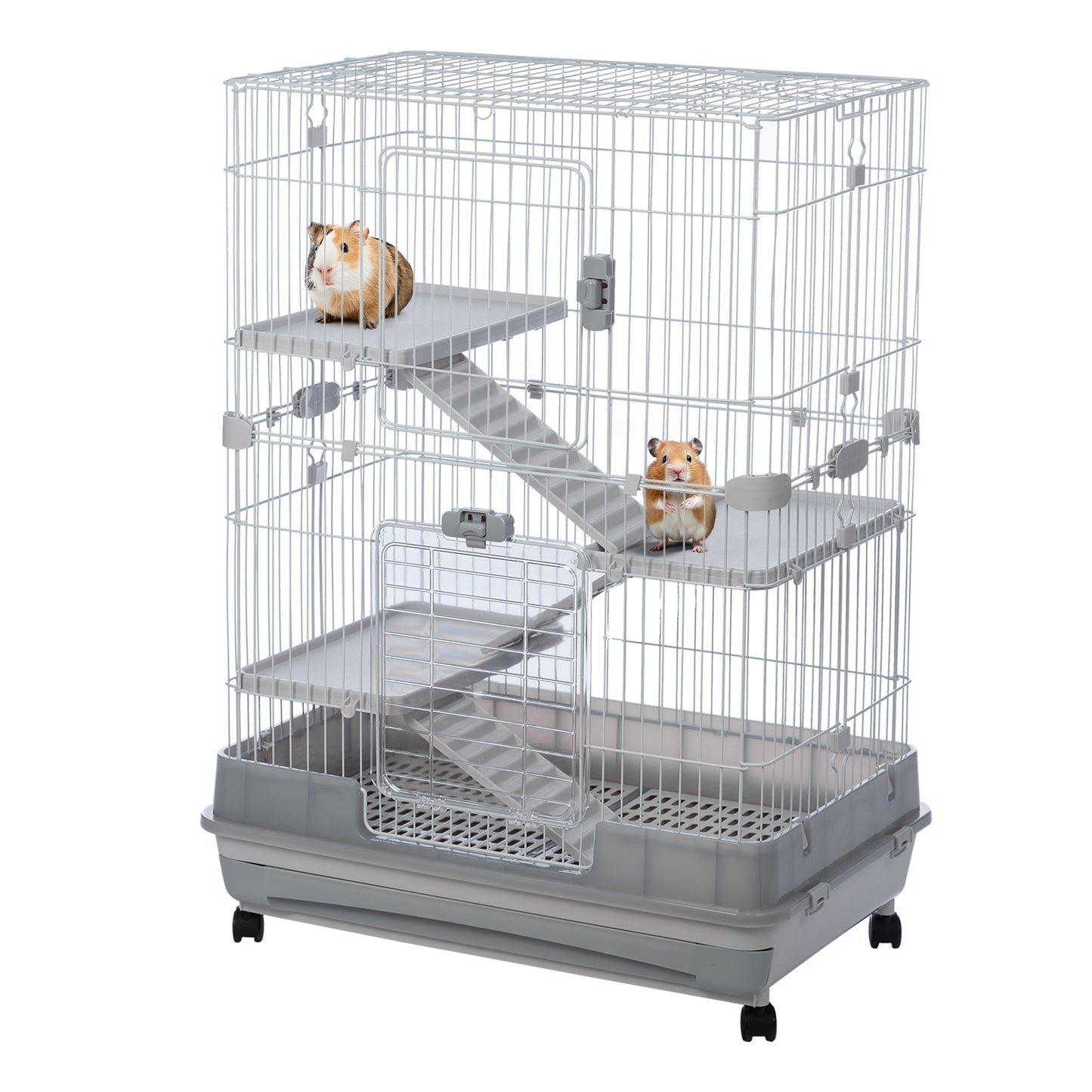 4-Tier 32" Small Animal Metal Cage, Height Adjustable with Lockable Casters, Grilles, Pull-out Tray for Rabbit, Chinchilla, Ferret, Bunny, Guinea Pig, Squirrel, Hedgehog (Grey)