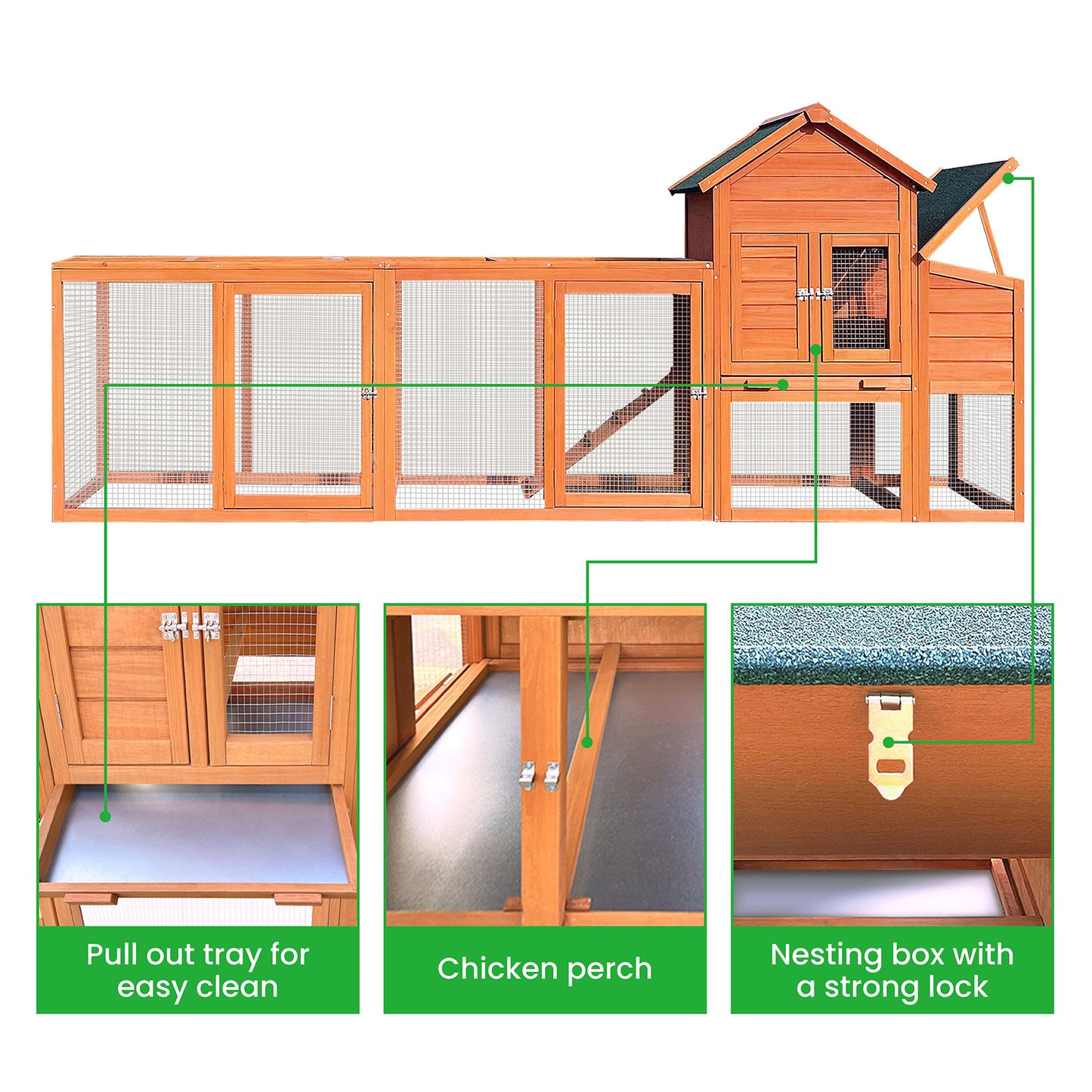 122" Large Wooden Chicken Coop | Outdoor Hen House with Nest Box & Wire Fence Poultry Cage | Spacious & Secure | Natural Wood Finish | 122" x [Dimensions]