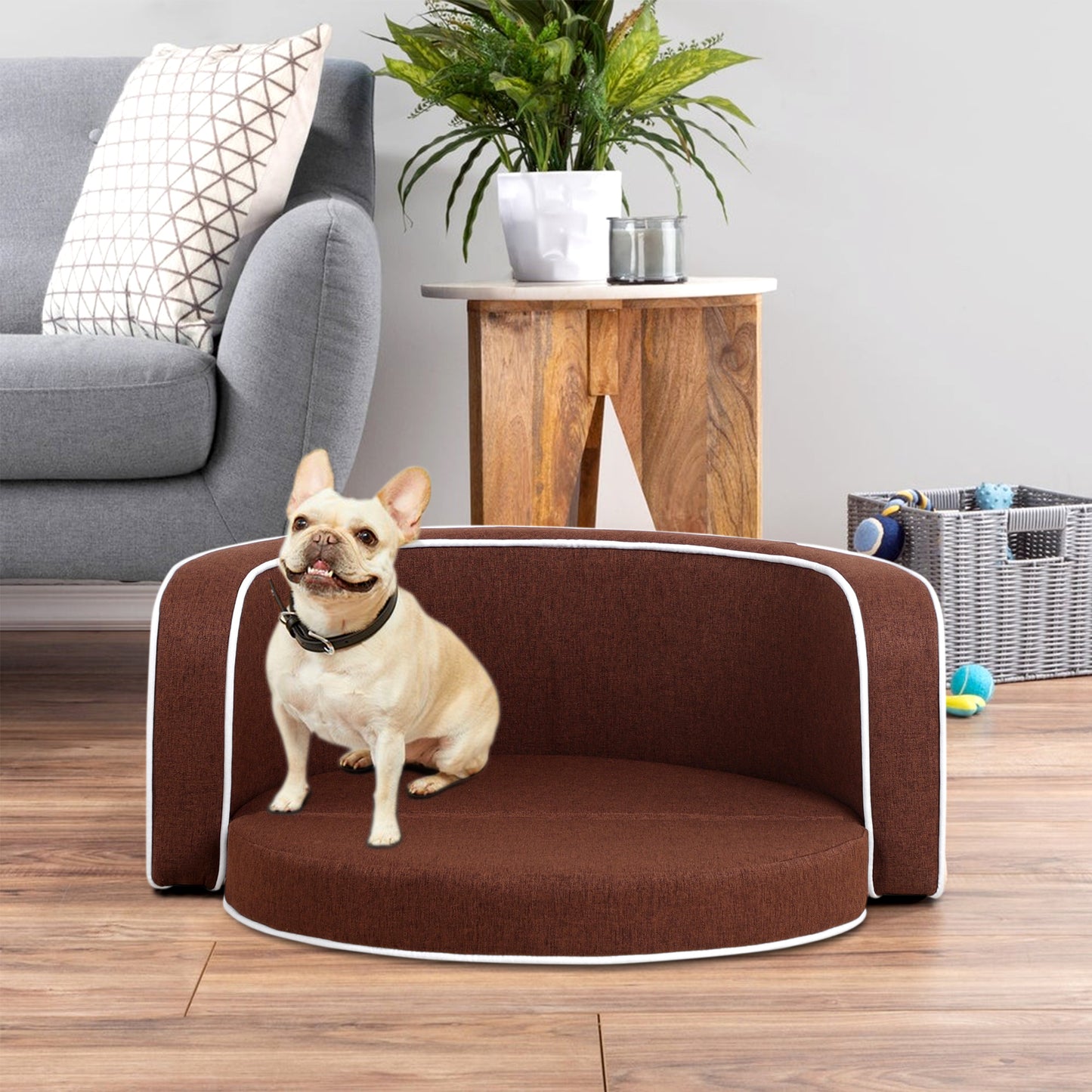 30" Brown Round Pet Sofa - Wooden Structure, Linen Goods, White Roller Lines on Edges - Curved Appearance with Cushion