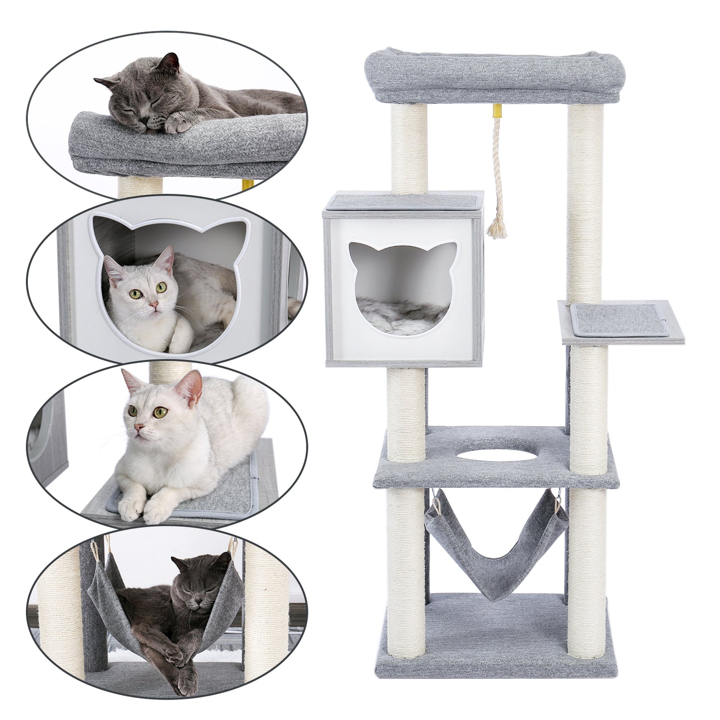 52-Inch Multi-Level Modern Wooden Cat Tower with Hammock, Scratching Posts, and Condo for Adult Cats - Gray Color